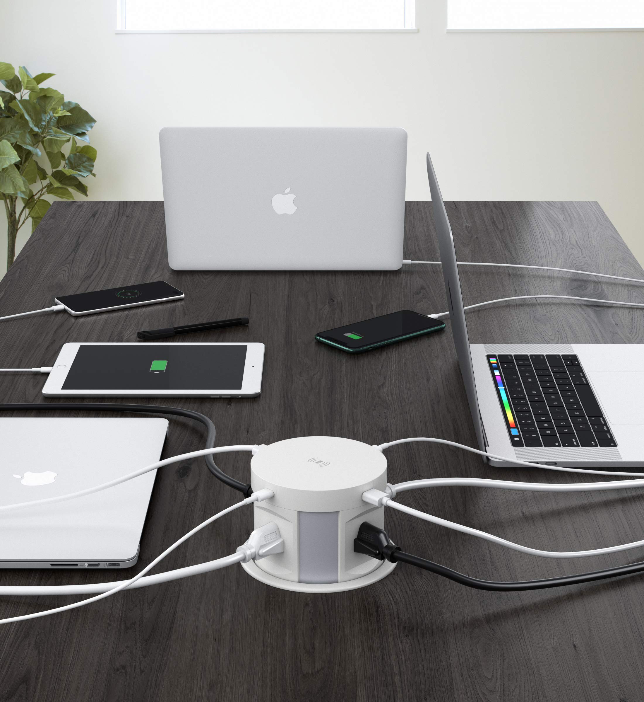 Smart Pop-Up Outlet with Wireless Charger - 4 AC Plugs + USB A/C Ports - Surge Protector for Kitchen Island, Office Desk & Conference Room - ETL Certified - Perfect for Countertops, Workbenches & Home Use