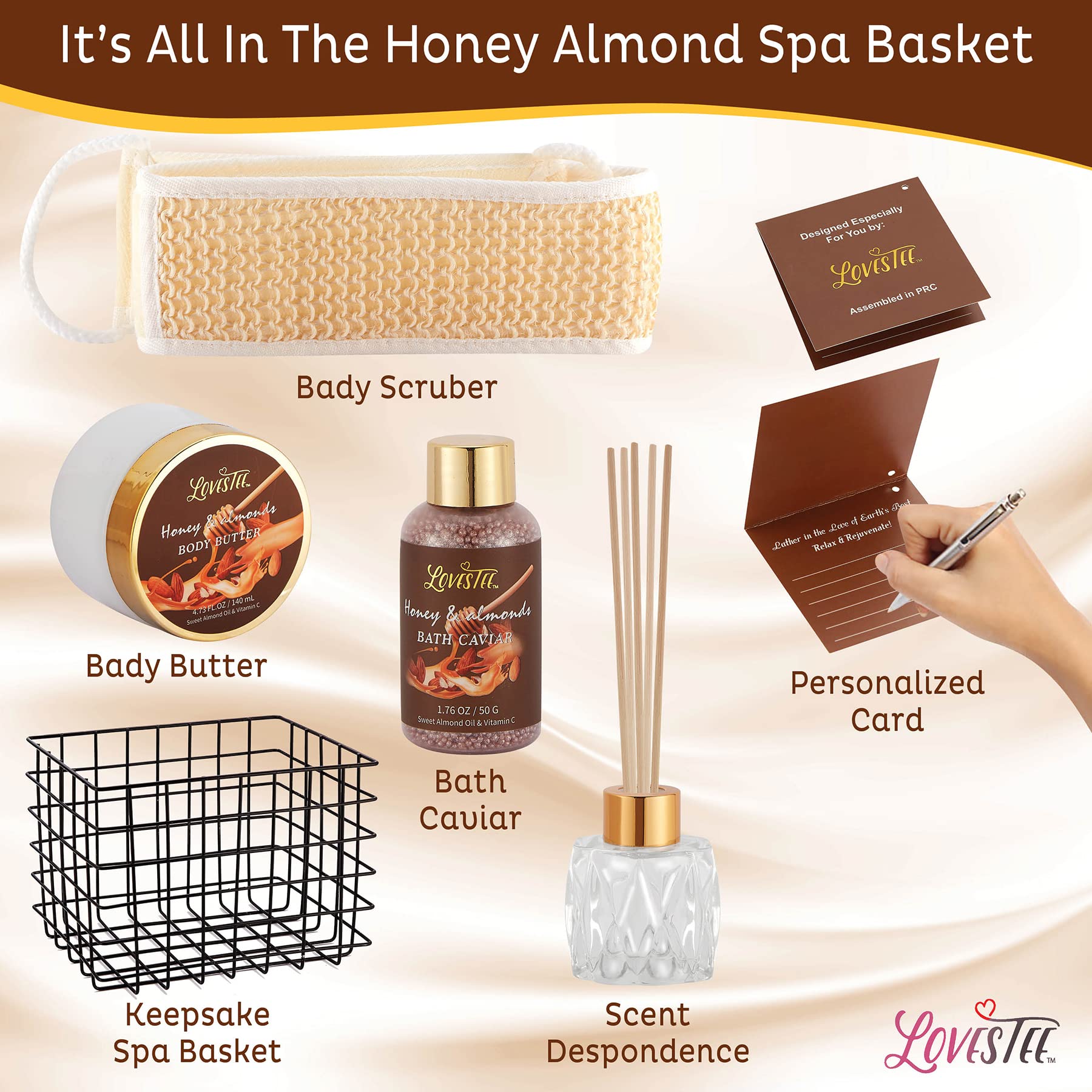 Luxury Honey Almond Spa Gift Basket for Women - Bath & Body Set with Shower Gel, Bubble Bath, Body Butter, Bath Salt, Oil, Candle, Soap & Diffuser - Perfect Mother's Day, Birthday & Relaxation Gifts for Home Spa Experience