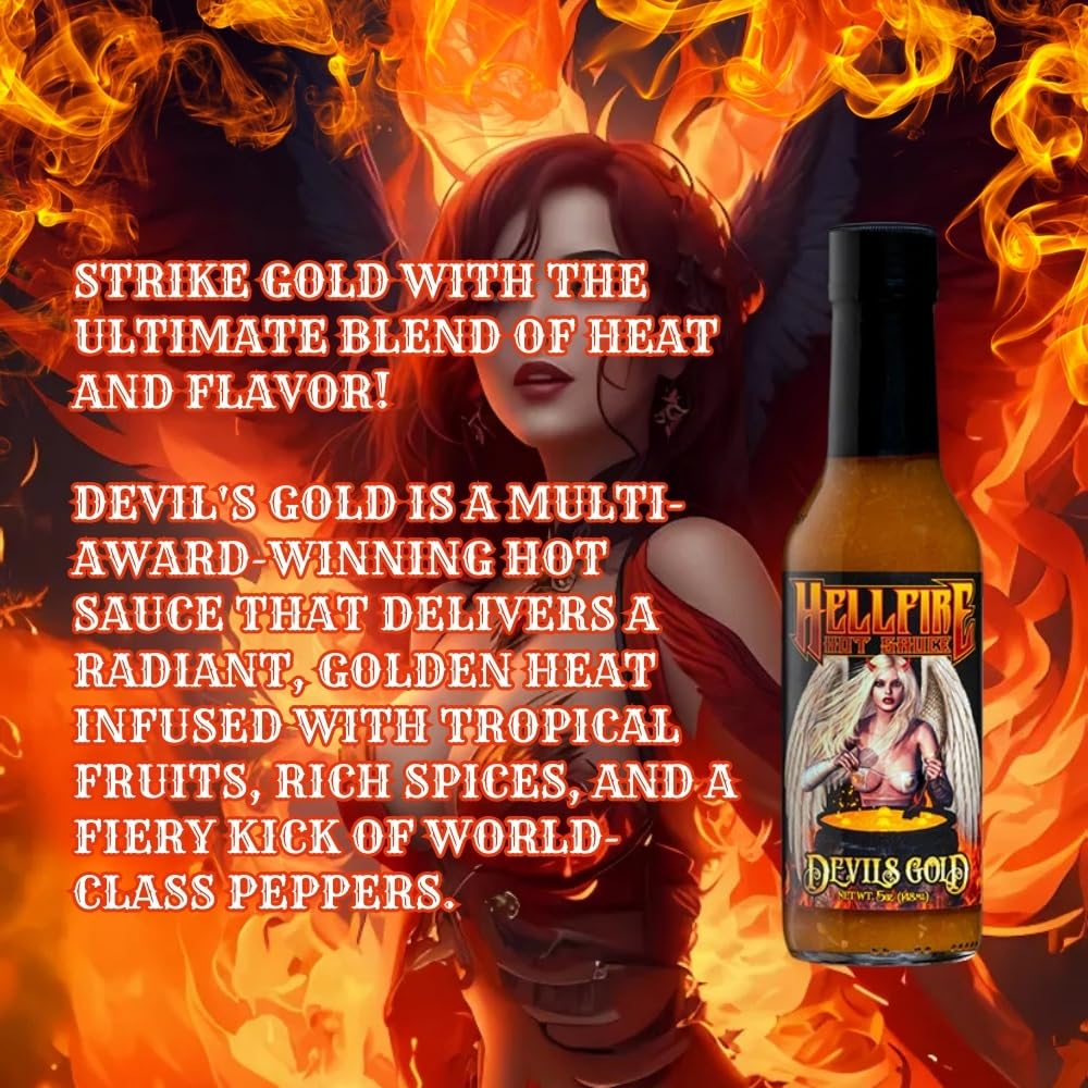 Hellfire Devil's Gold Hot Sauce - Award-Winning Gourmet Hot Sauce with Yellow Super Hot Peppers & Exotic Fruits - Sweet & Spicy Blend - 5 oz Bottle - Perfect for Wings, Tacos, Burgers & BBQ