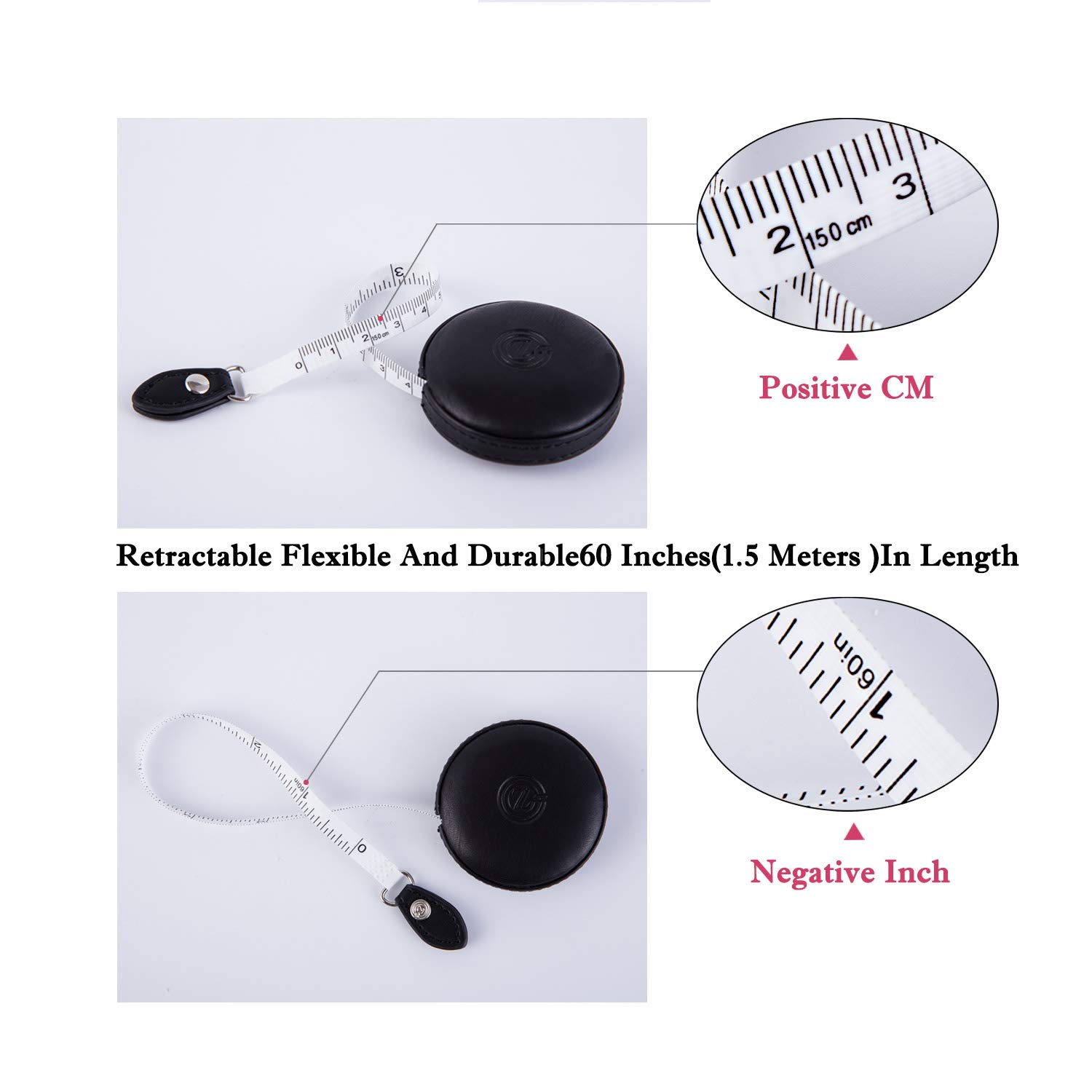 Retractable Leather Tape Measure 60 Inch/150 cm - Tailor Fabric Measuring Tape with Push Button - Black (1 Pack) - Perfect for Sewing, Tailoring, and DIY Craft Projects