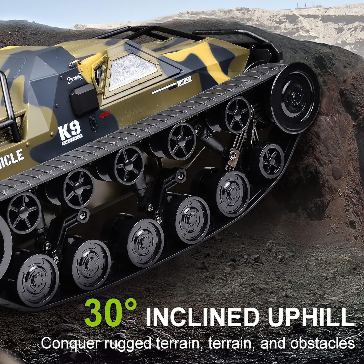 1:12 Scale 2.4Ghz Remote Control Tank - All Terrain 4WD Off-Road RC Crawler with 360° Rotating & Drifting, 2 Rechargeable Batteries - Perfect for Outdoor Adventure, Backyard Play & RC Hobbyists (Yellow)
