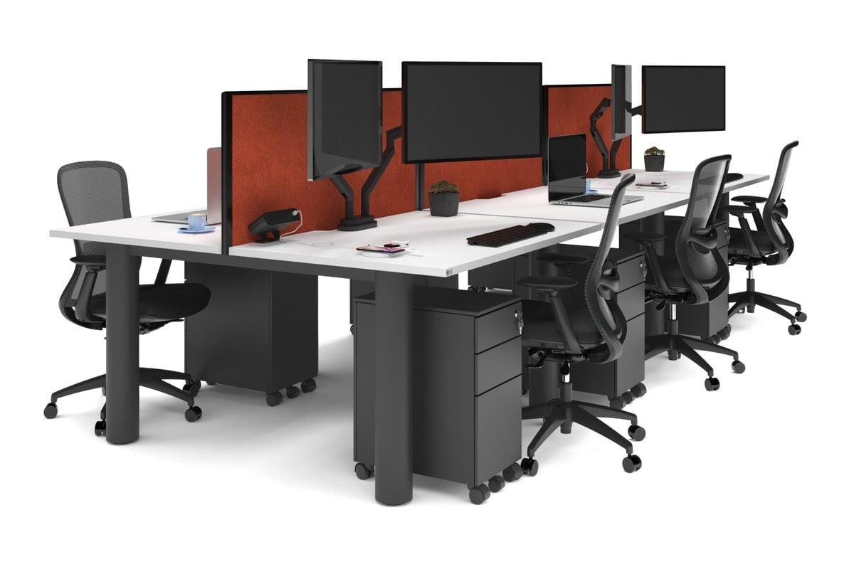 Quadro Cylinder Leg 6-Person Office Workstation Desk - 1400L x 800W with Cable Management Scallop - Modern Open Office Layout, Team Collaboration Space, Shared Workspace Solution