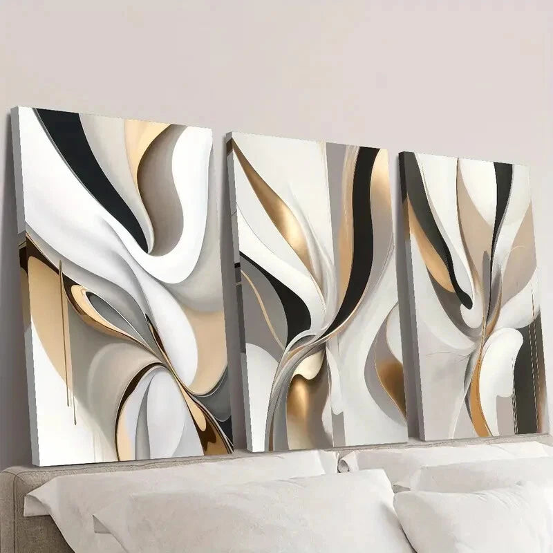 3-Piece Golden & White Swirls Framed Wall Art Set - 40x60cm Light Luxury Canvas Prints | High Quality Australian Made Ready-to-Hang Decor for Living Room, Bedroom & Office