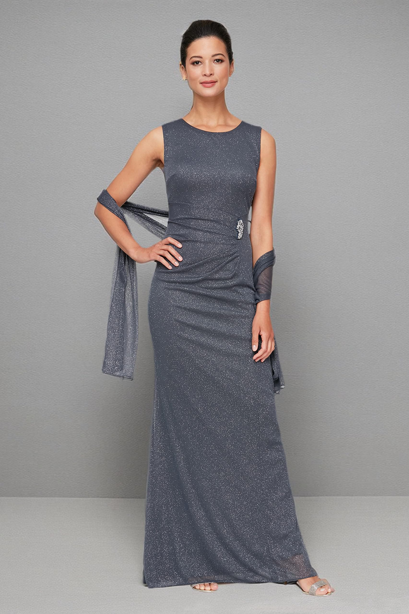 S.L. Fashions Women's Sparkly Long Mesh Sleeveless Party Dress with Embellished Waist & Detachable Shawl - Perfect for Evening Gala, Prom, Cocktail Party & Special Occasions