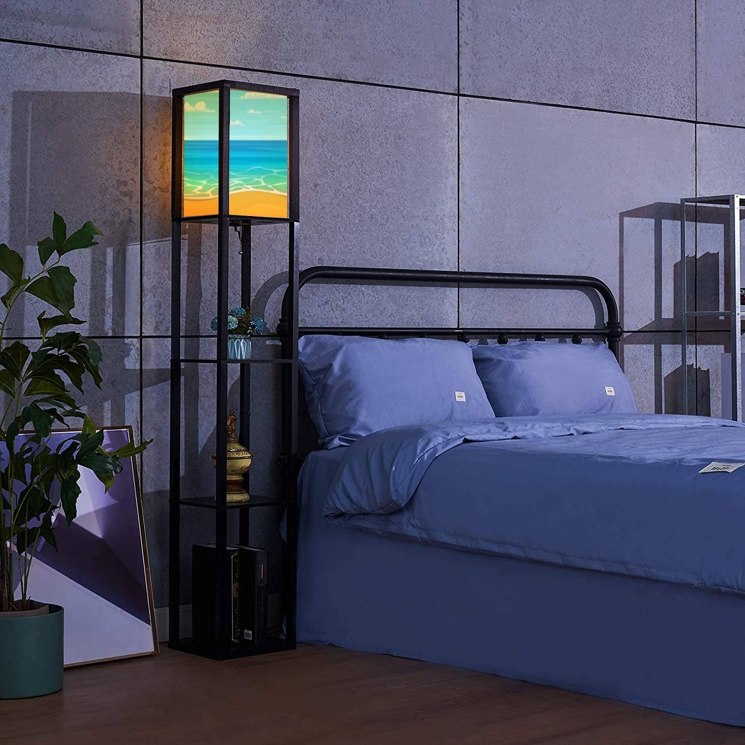 Cartoon Summer Beach Style Standing Lamp with Shelves - Flaxen Fabric Shade Floor Lamp for Living Room, Bedroom, Office - Tall Corner & Bedside Lighting for Home Aesthetic Decor (Perfect for Reading Nook, Coastal Theme Rooms & Relaxing Spaces)