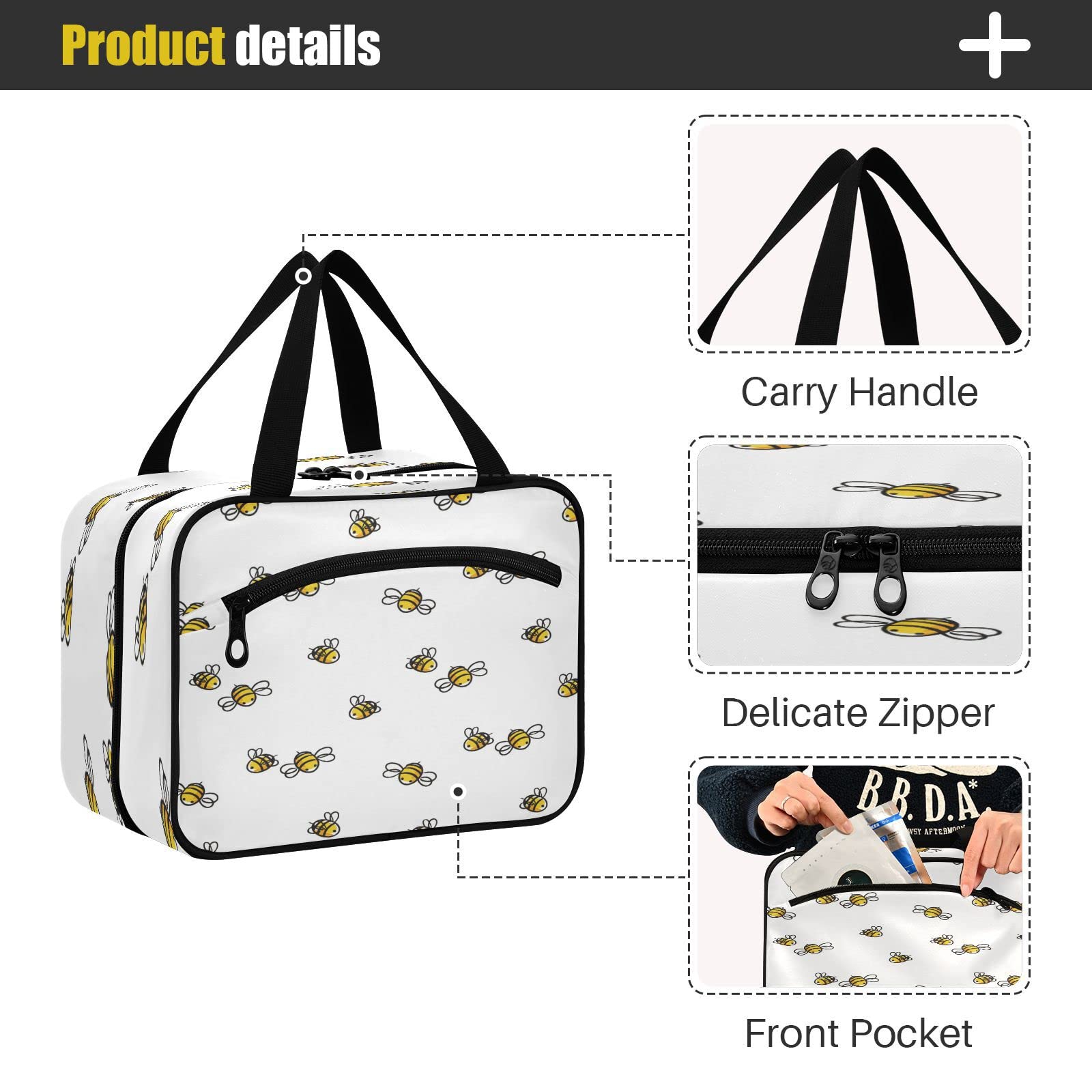 Portable Hanging Toiletry Bag - Large Waterproof Cosmetic Organizer for Women & Girls | Cute Honey Bee Design | Perfect for Travel, Gym, Camping & Daily Makeup Storage