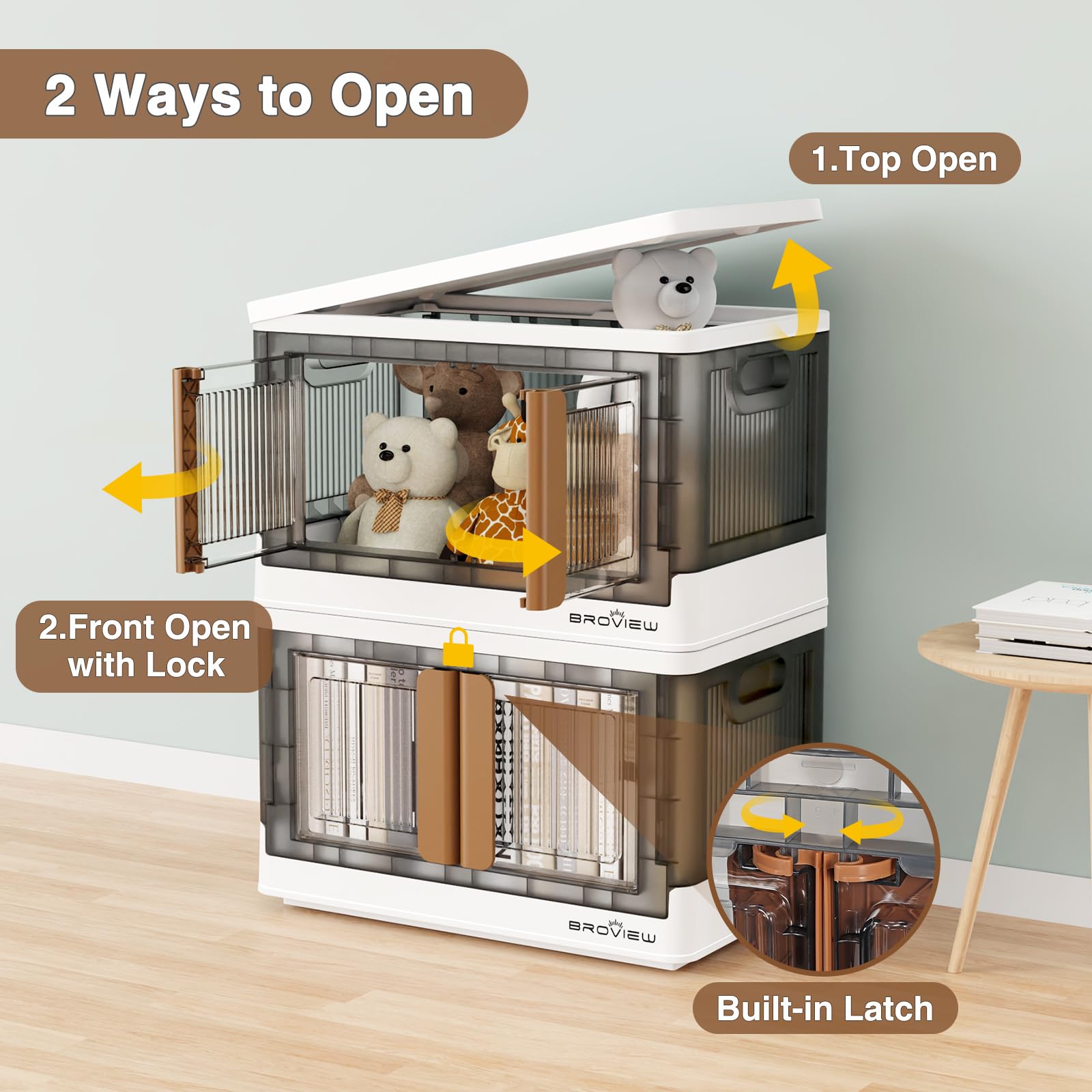 4-Pack 100Qt (25 Gallon) Stackable Plastic Storage Bins with Lids & Wheels - Foldable Closet Organizer, Storage Cabinet with Doors for Home, Dorm, Office, Garage (V6 Brown) - Perfect for Clothes, Toys, Seasonal Items & Household Organization