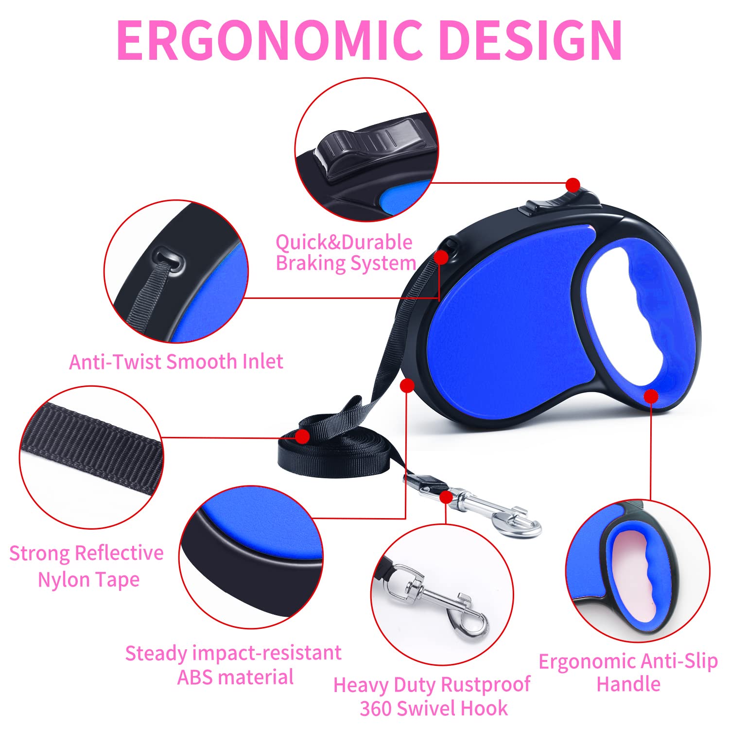 Retractable Dog Leash for Small & Medium Dogs - 16ft Strong Nylon Tape with One-Hand Lock, Tangle-Free 360° Design & Anti-Slip Handle - Perfect for Walking, Training & Outdoor Adventures (Navy Blue Gift Package)