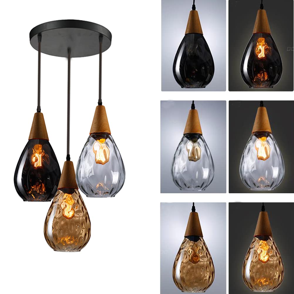 MoreChange 3-Light Cluster Glass Pendant Lighting Fixture with Water Drop Shade - Modern Kitchen Island & Dining Room Ceiling Light for Home, Bar, Restaurant Decor