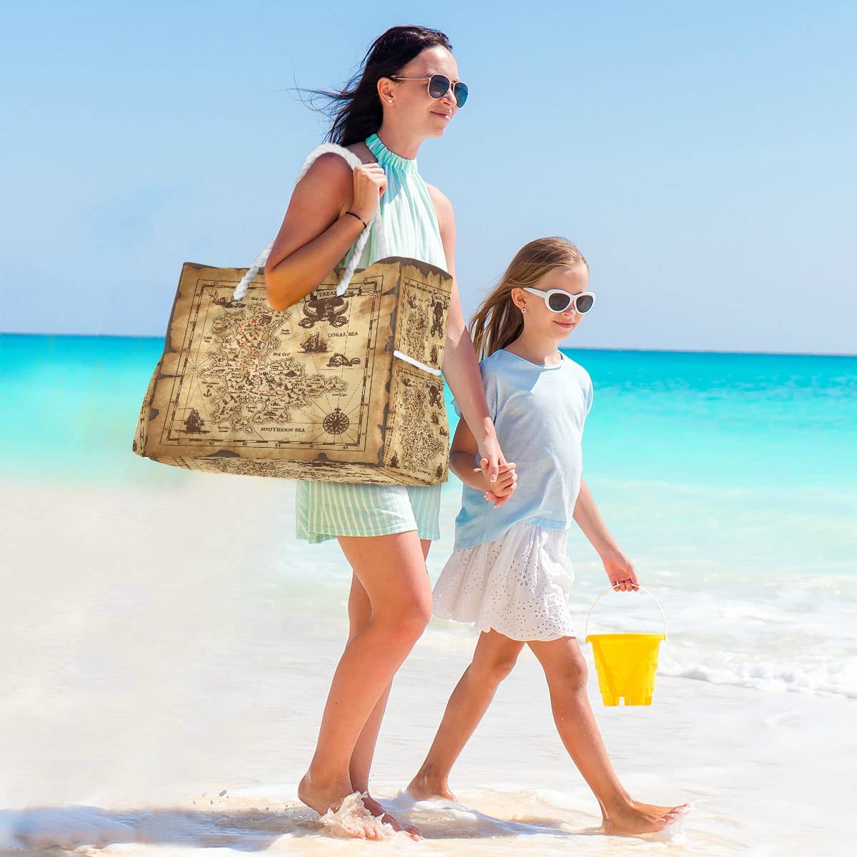 Pirate Treasure Map Beach Tote Bag - Reusable Grocery Shopping & Laundry Carry Bag for Women - Perfect for Beach Trips, Shopping & Travel Accessories