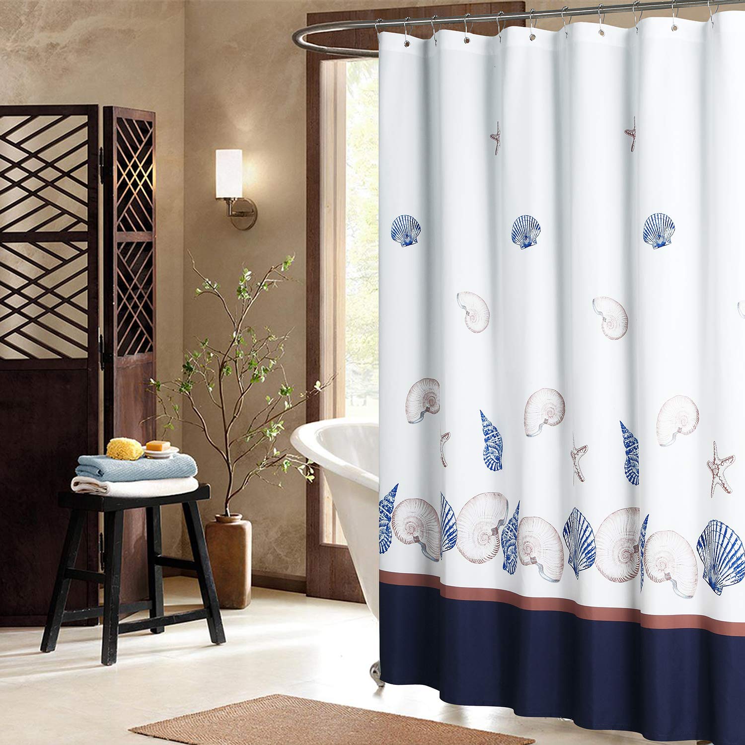 Waterproof Polyester Shower Curtain with Blue Ocean Shell Print - Hampton Navy Bathroom Curtain 62