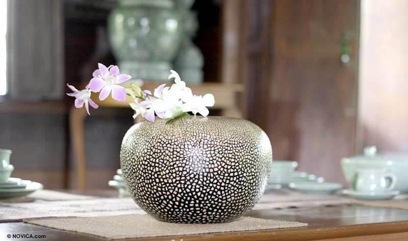 NOVICA Handcrafted Mango Wood Lacquerware Vase - Beige 'Rock Eggs' Design | Decorative Home Accent for Living Room, Bedroom & Office Decor