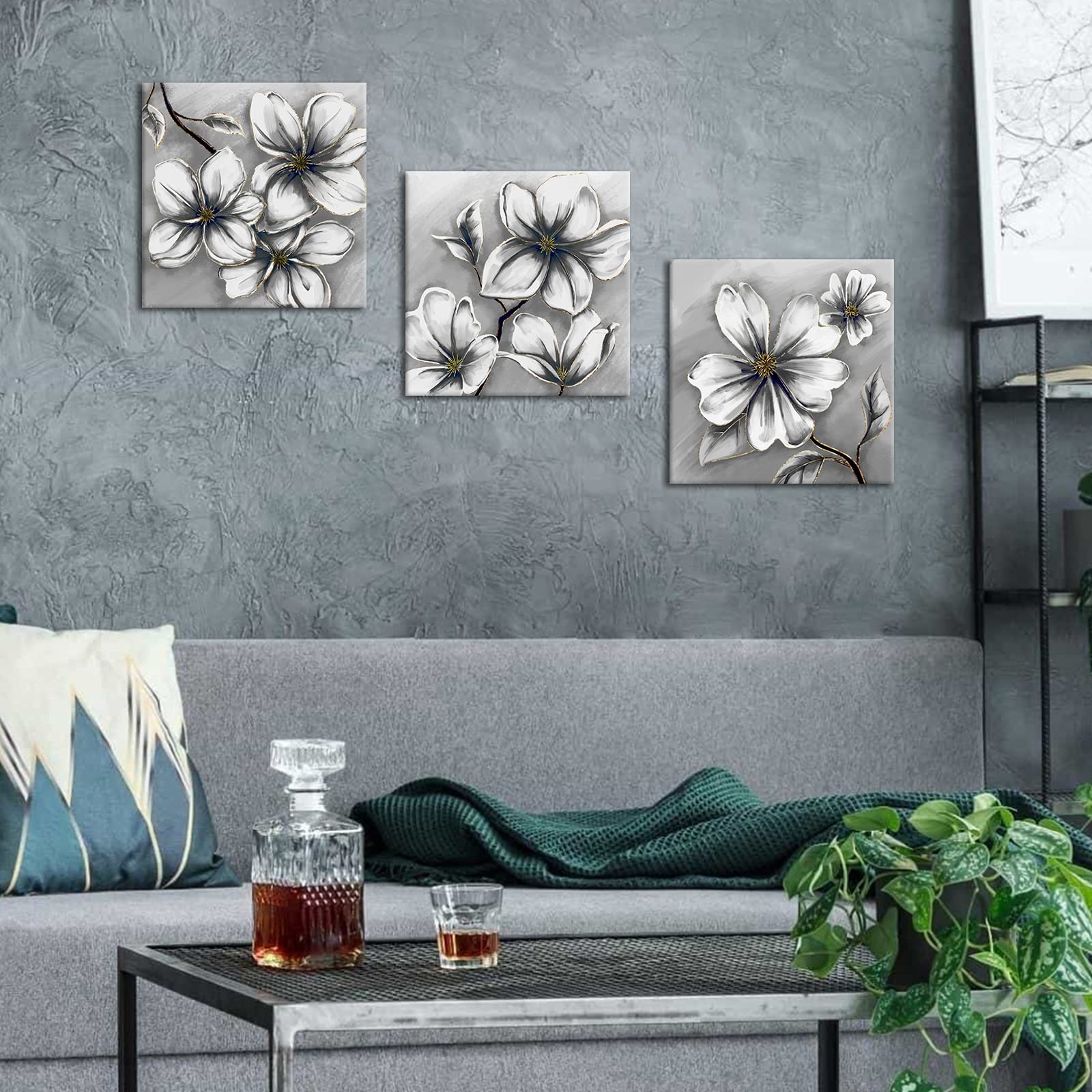 Fushvre 3-Panel Grey Magnolia Flower Canvas Wall Art - Modern Floral Painting for Living Room, Bedroom & Office Decor - Stretched & Ready to Hang - Perfect for Home, Wedding Gift & Interior Design