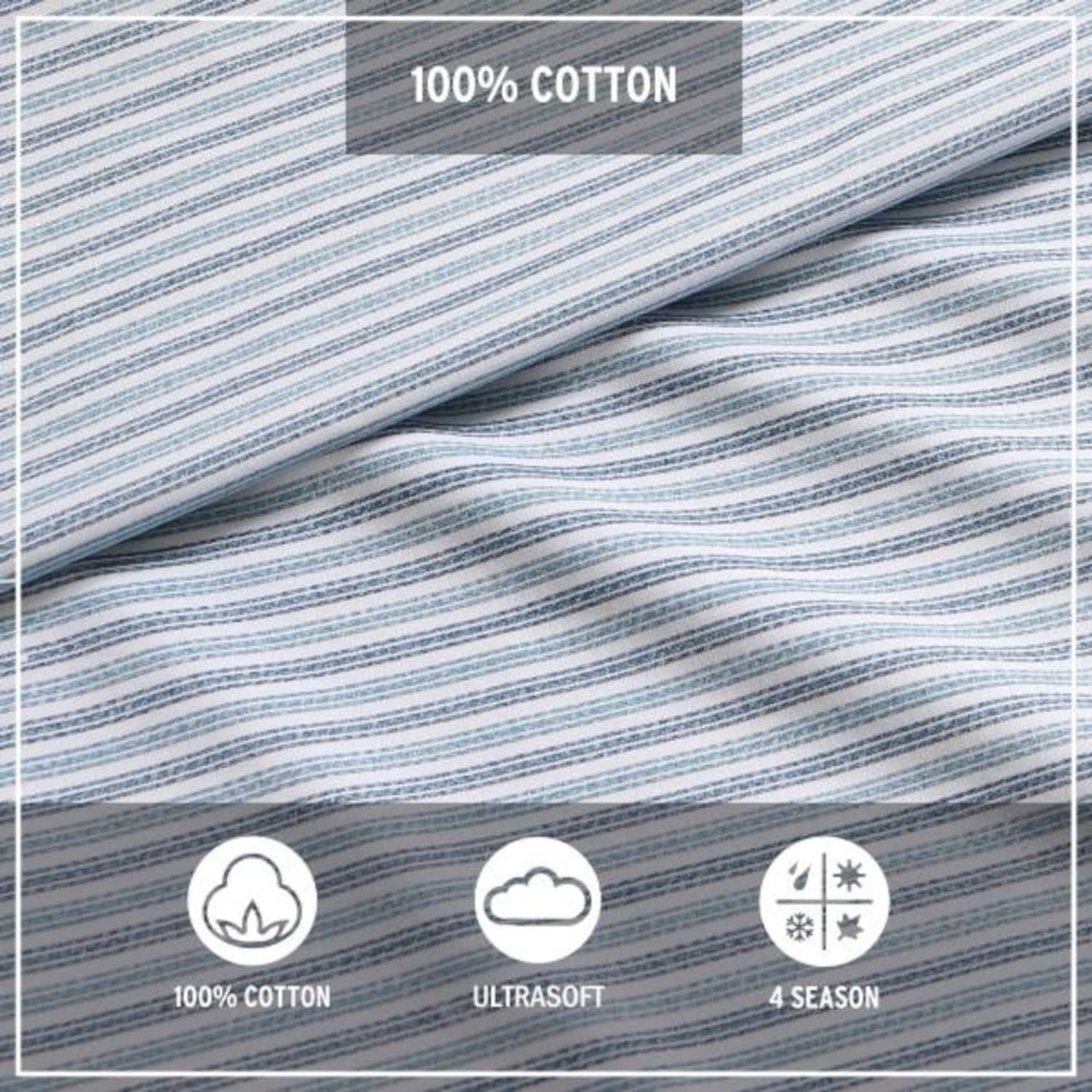 Eddie Bauer Queen Size Cotton Percale Sheet Set - Light Blue Ticking Stripe Bedding for Cool & Comfortable Sleep - Perfect for Master Bedroom, Guest Room & Vacation Homes