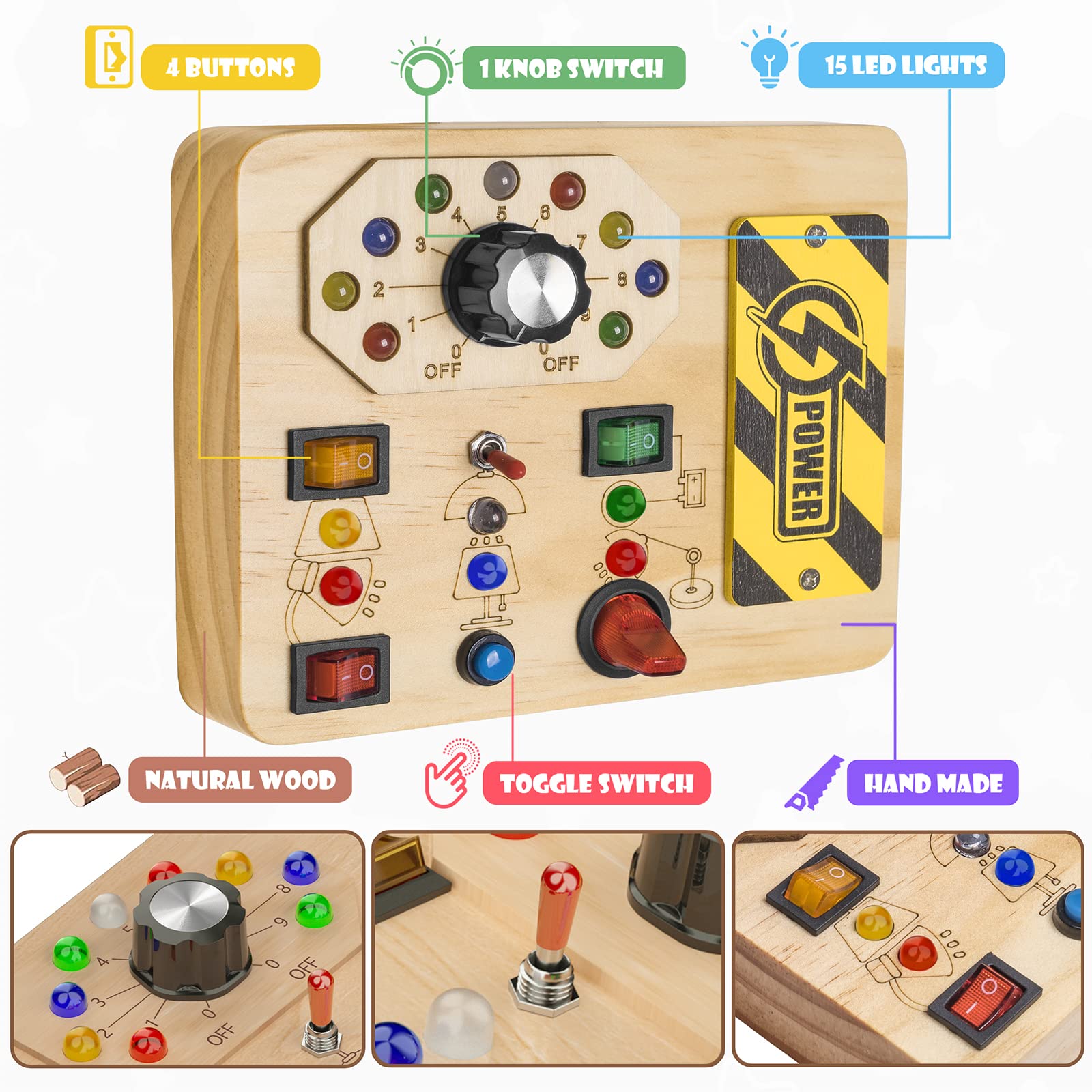 **Montessori Wooden Busy Board Toy with LED Light Switch - Sensory Activity Board for Toddlers 3+ Years - Travel & Learning Toy for Boys & Girls - Perfect Gift for Preschool Kids (Home, Car, Airplane Play)**