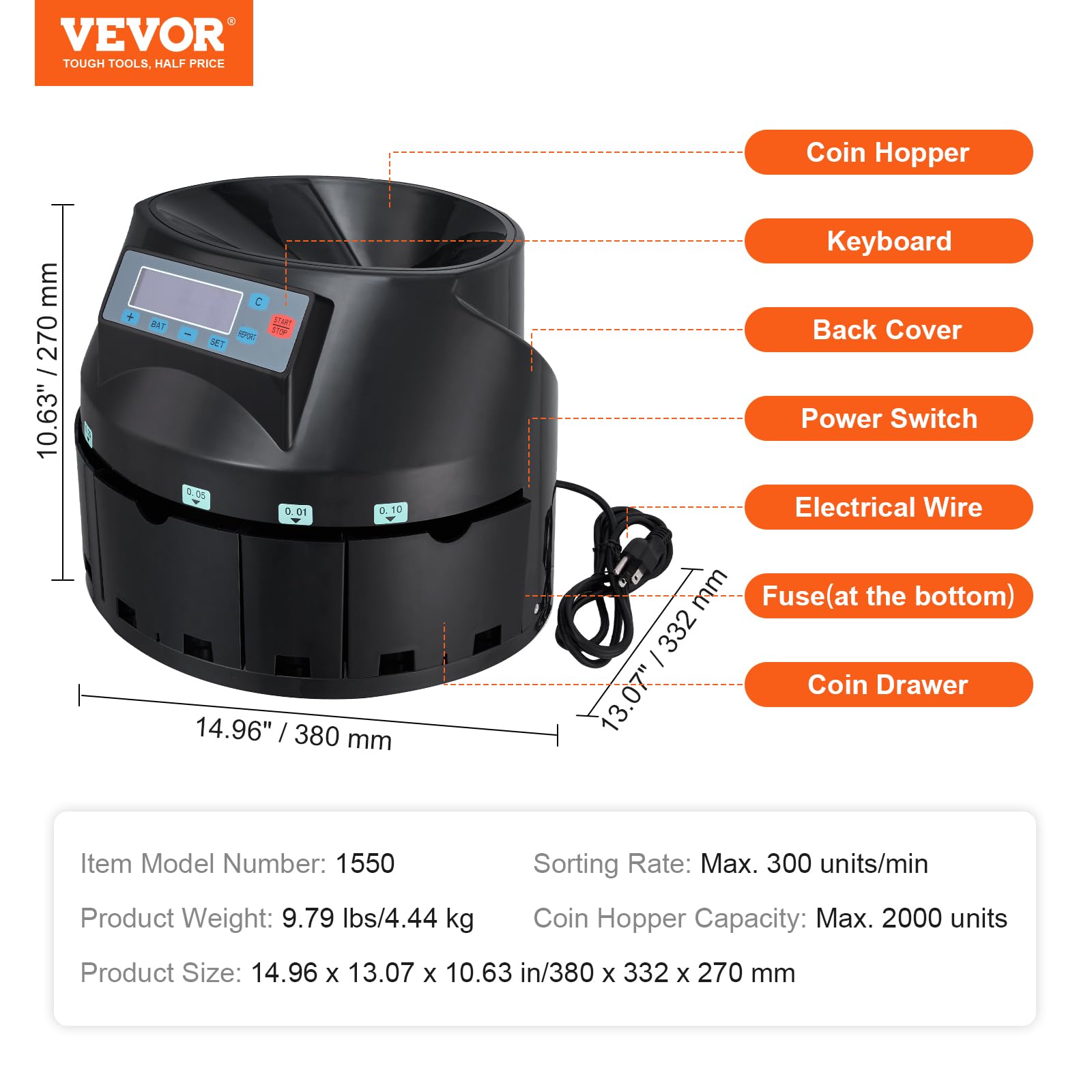 VEVOR Coin Counter & Sorter Machine with LCD Display - High Speed 300 Coins/min, 2000 Coin Capacity for US Currency (Pennies, Nickels, Dimes, Quarters & $1 Coins) - Includes 5 Sorting Bins & Tubes - Perfect for Banks, Retail Stores & Cash-Intensive Businesses
