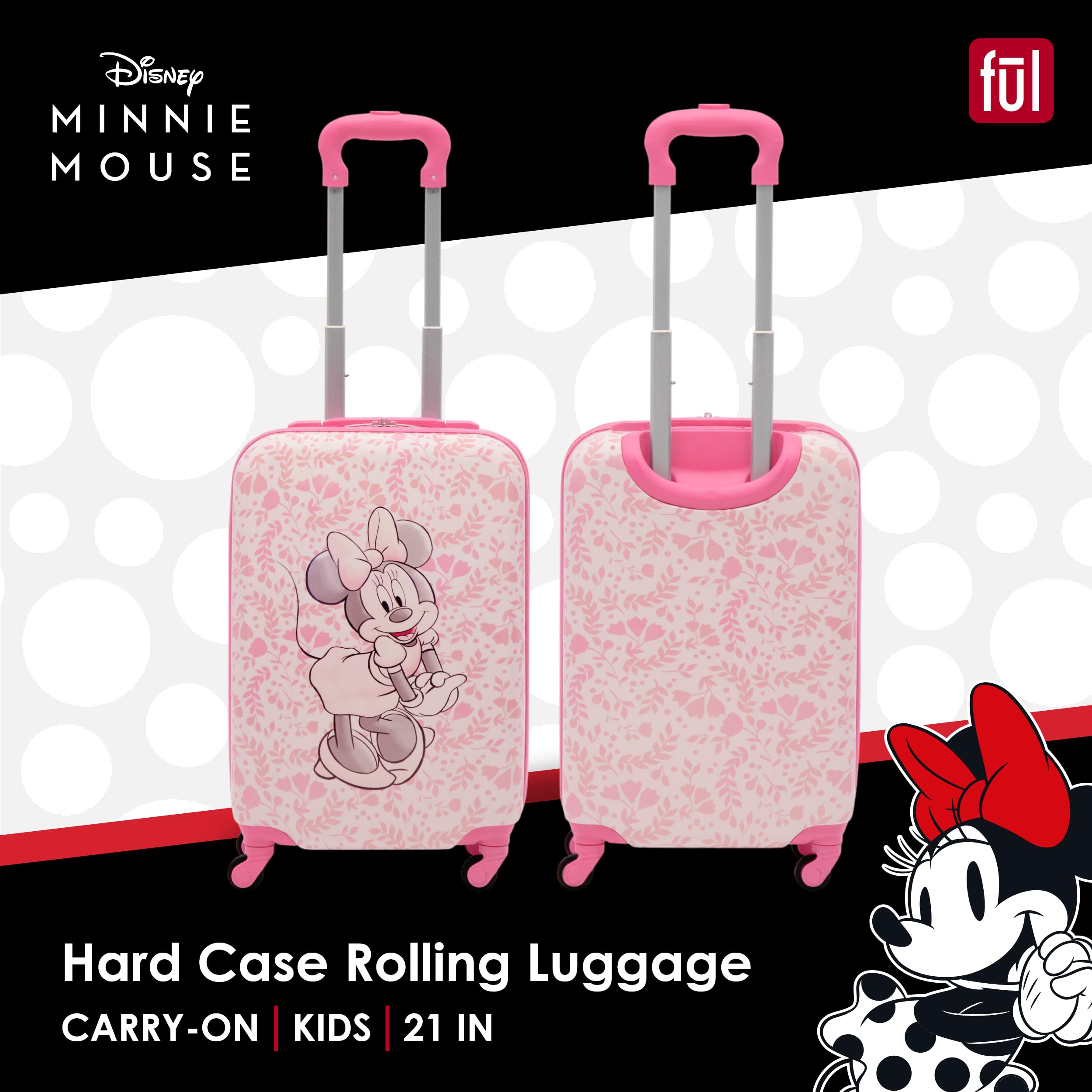 Disney Minnie Mouse 21 Inch Hardshell Spinner Luggage - Pink Floral Rolling Carry On Suitcase for Kids & Teens | Perfect for Air Travel, School Trips & Family Vacations
