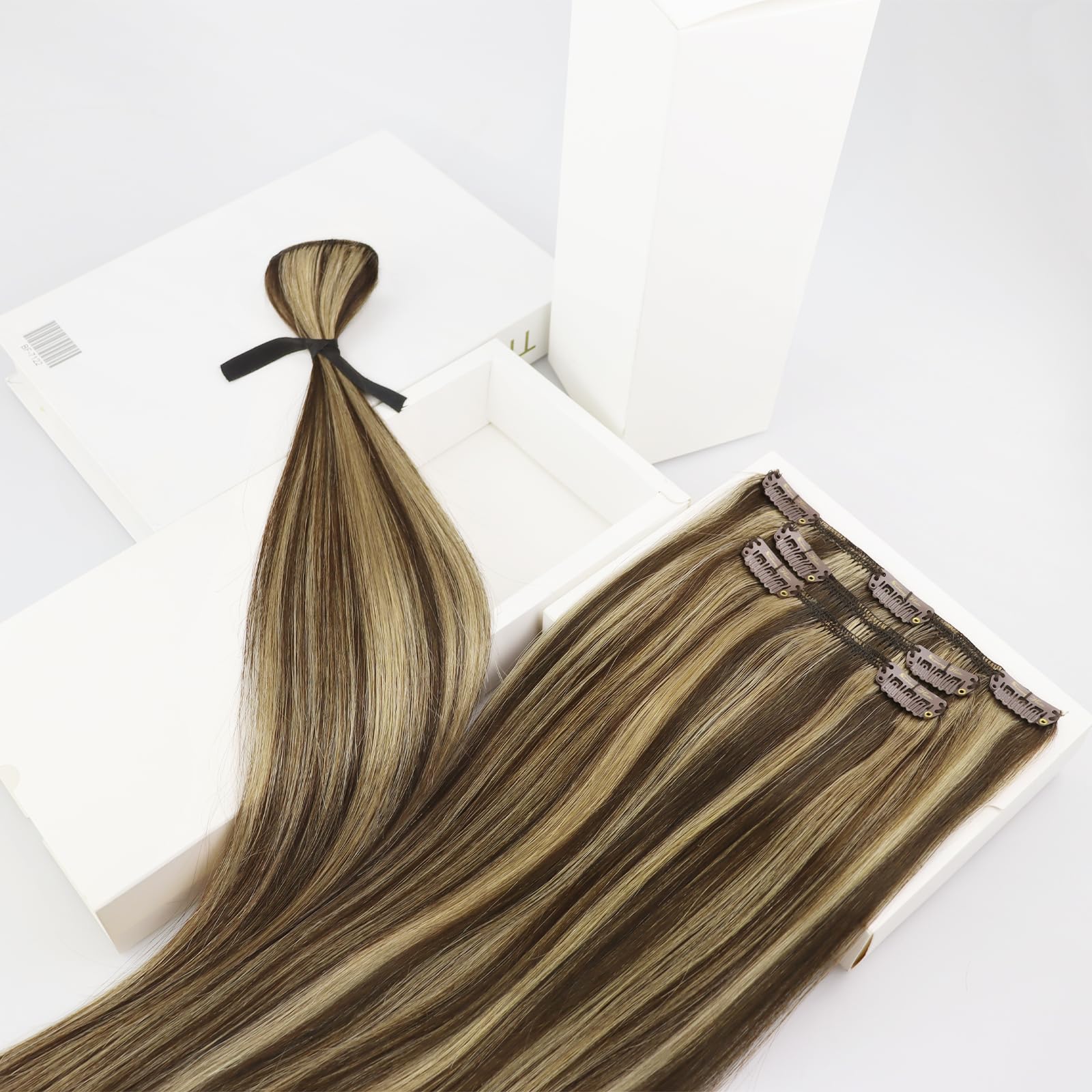 Ve Sunny 18inch Clip-in Human Hair Extensions - 7pcs 120g Dark Brown with Caramel Blonde Highlights | Real Human Hair for Volume & Length | Perfect for Parties, Weddings & Daily Styling