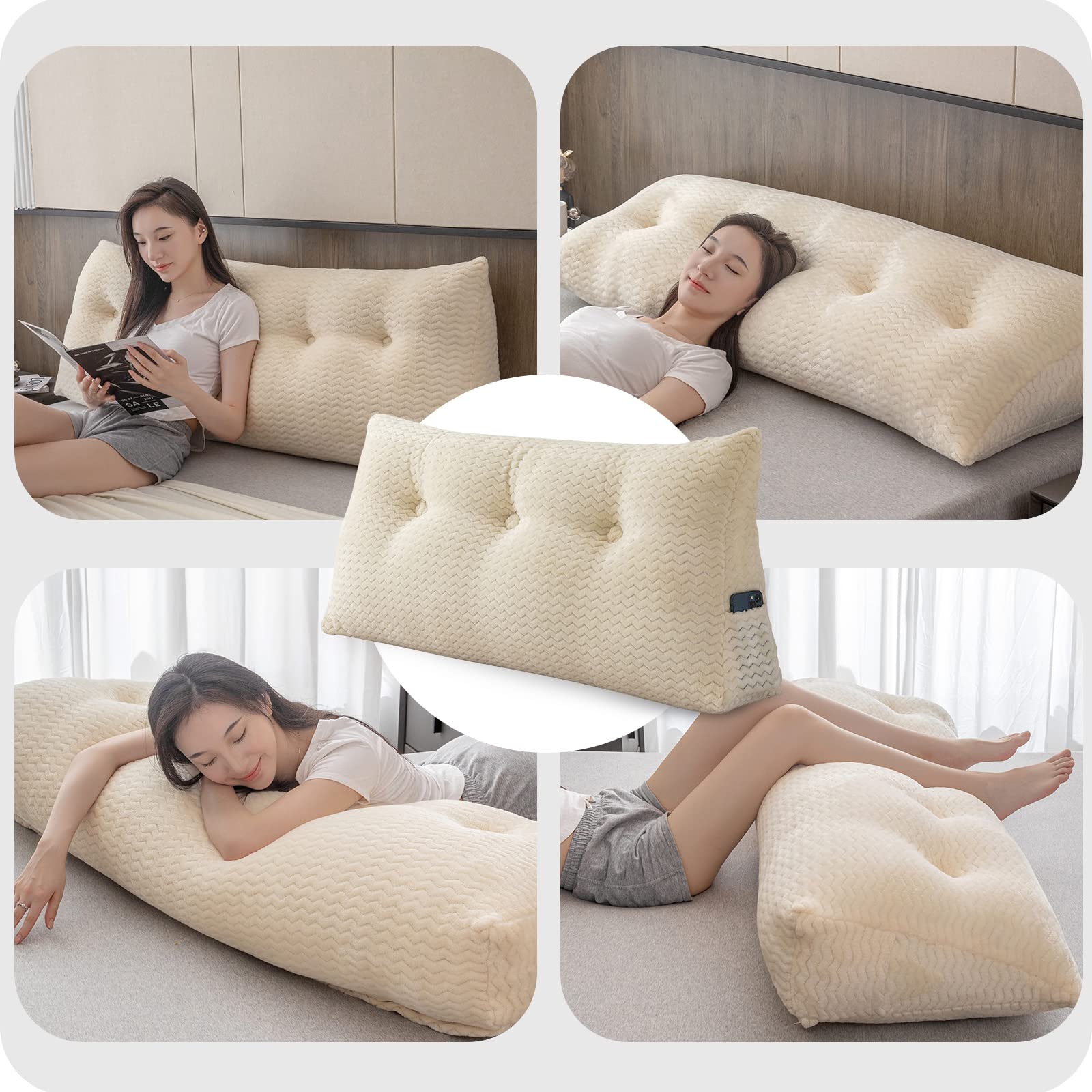 Large Bolster Triangular Headboard Wedge Pillow - Adjustable Backrest Support for Daybeds, Reading & Relaxing - Removable Washable Cover - Perfect for Bedroom, Living Room & Dorm Comfort