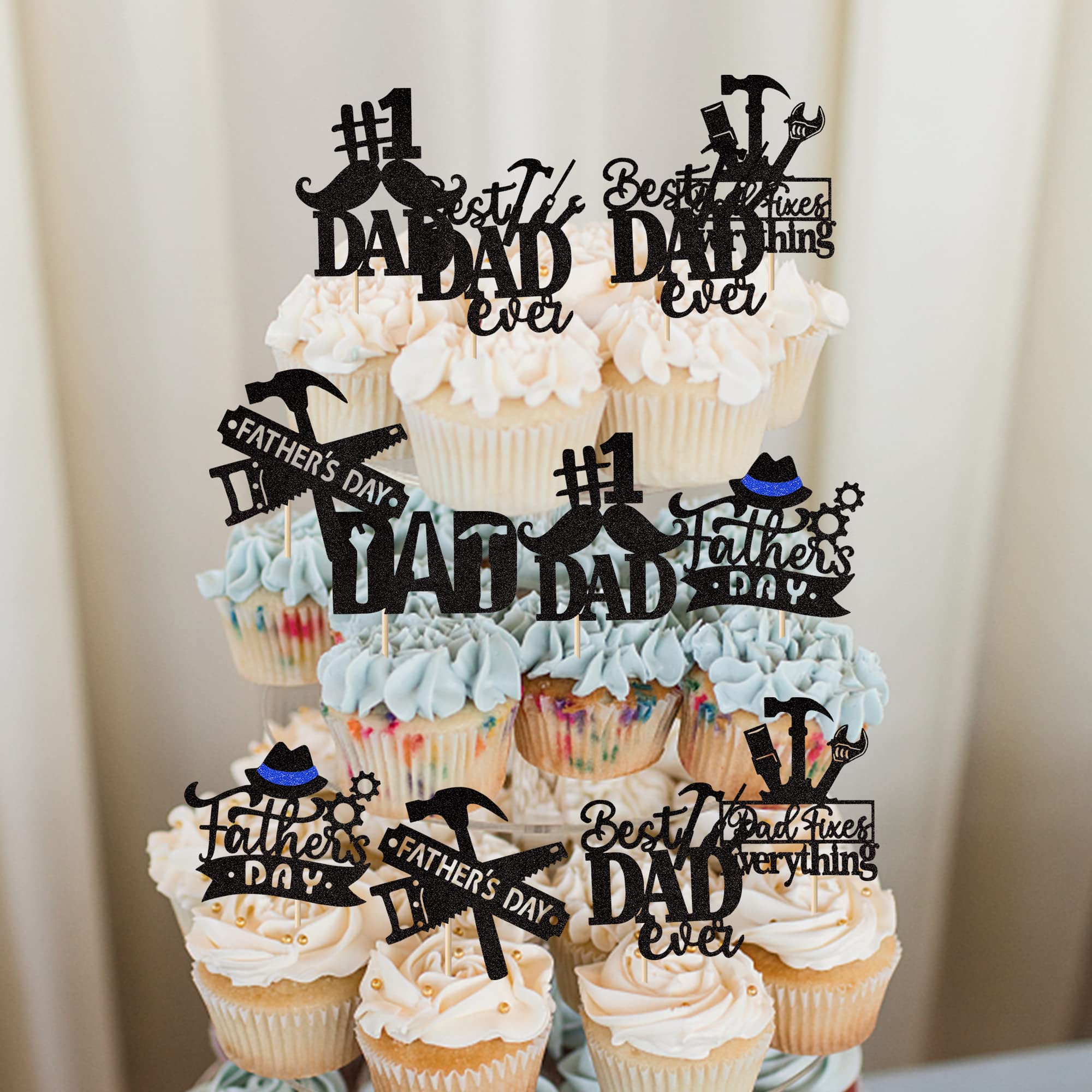 24 Pack Happy Father's Day Cupcake Toppers - Best Dad Ever Glitter Cake Decorations with #1 Dad, Tie, Mustache & Hat Designs for Father's Day Parties, Men's Birthday Celebrations & DIY Cake Decorating (Black)