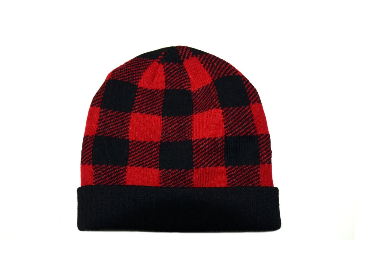 Buffalo Check Crown Cap Beanie with Cuff - Warm Winter Knit Hat for Men & Women - Perfect for Skiing, Snowboarding & Outdoor Activities