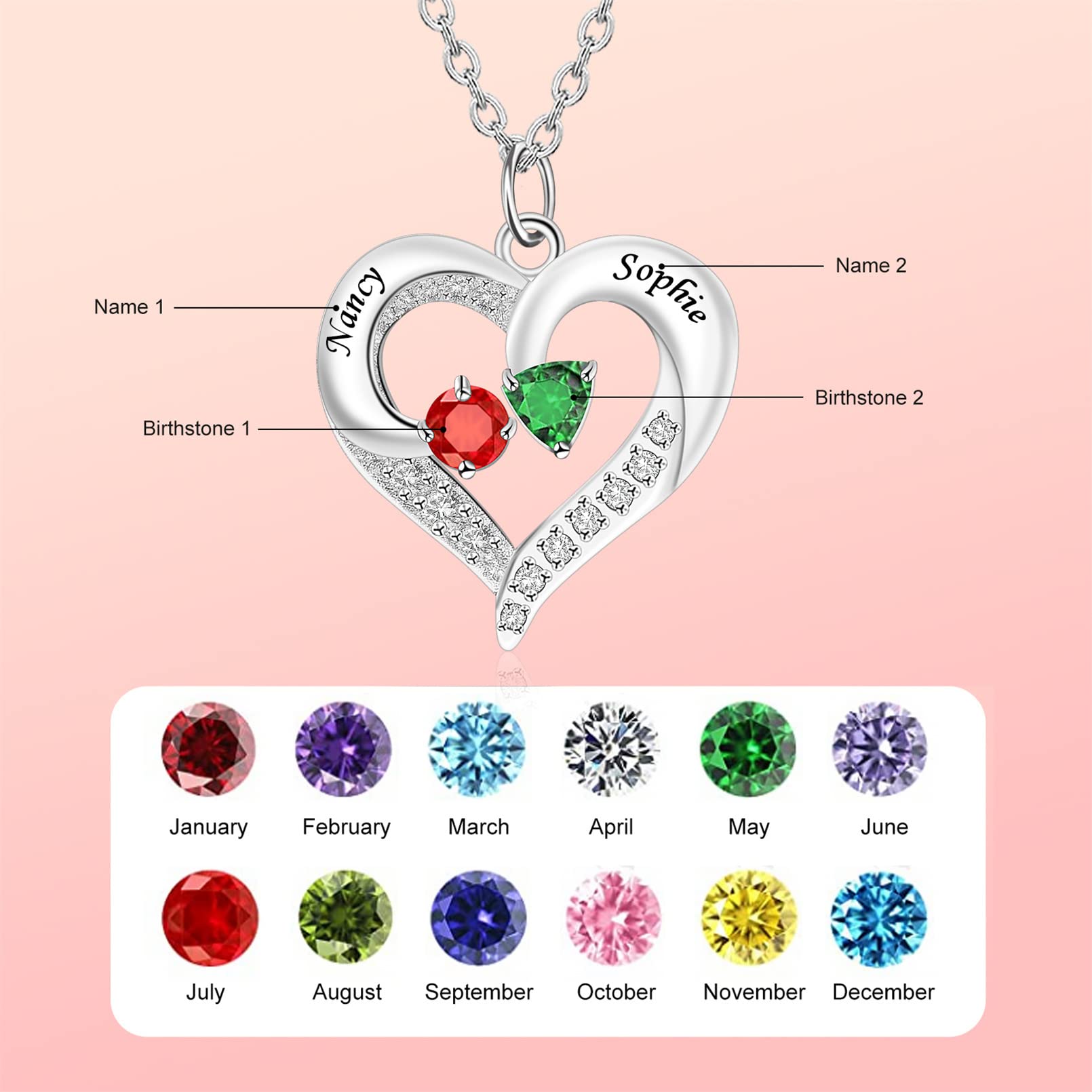 MissNaNa Personalized Birthstone Necklaces for Women - Custom Name Jewelry with 1-5 Names in Round, Triangle, Pentagon, Princess & Pear Cuts - Mother's Day, Anniversary & Birthday Gifts for Wife, Mom & Her Family