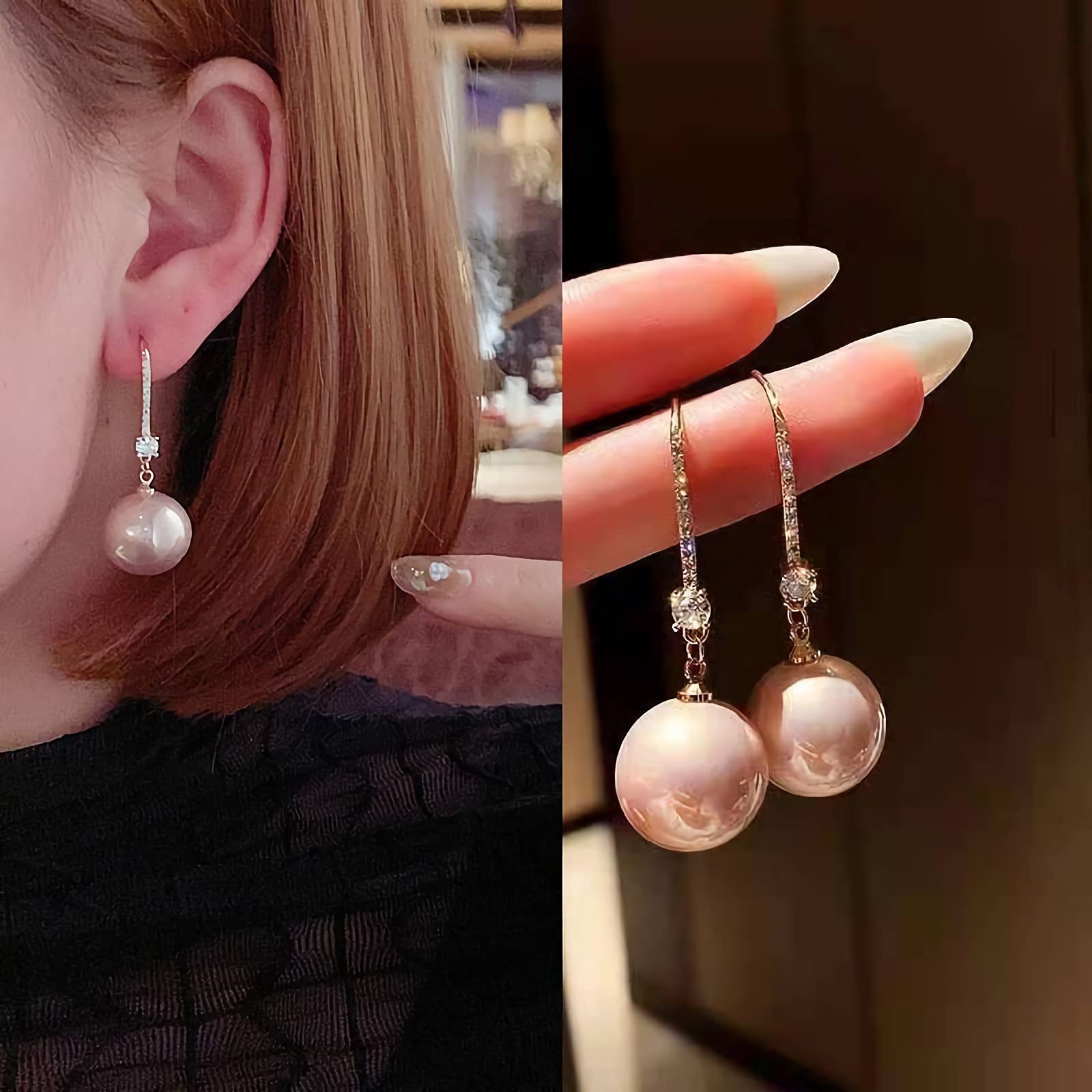 14mm Big Pearl Drop Dangle Earrings for Women - Sterling Silver 18k Gold Plated Hypoallergenic Earrings with Cubic Zirconia | Red, White & Pink Pearl Jewelry for Parties, Weddings & Special Occasions