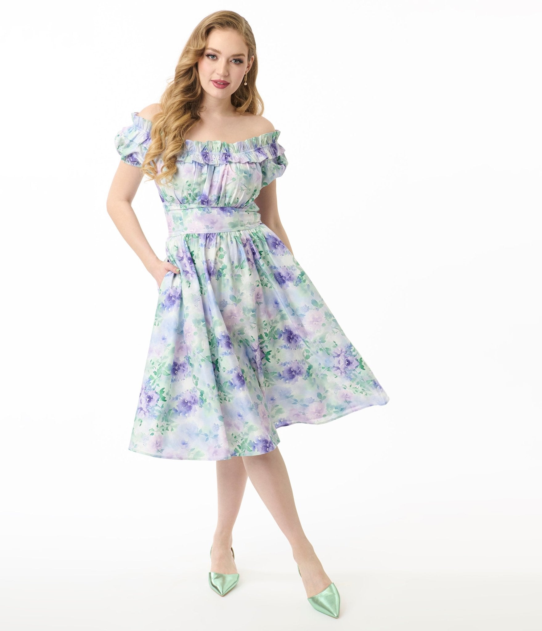 Vintage 1950s Lavender Floral Off-Shoulder Ruffle Swing Dress - Retro Cocktail Party & Wedding Guest Dress for Women
