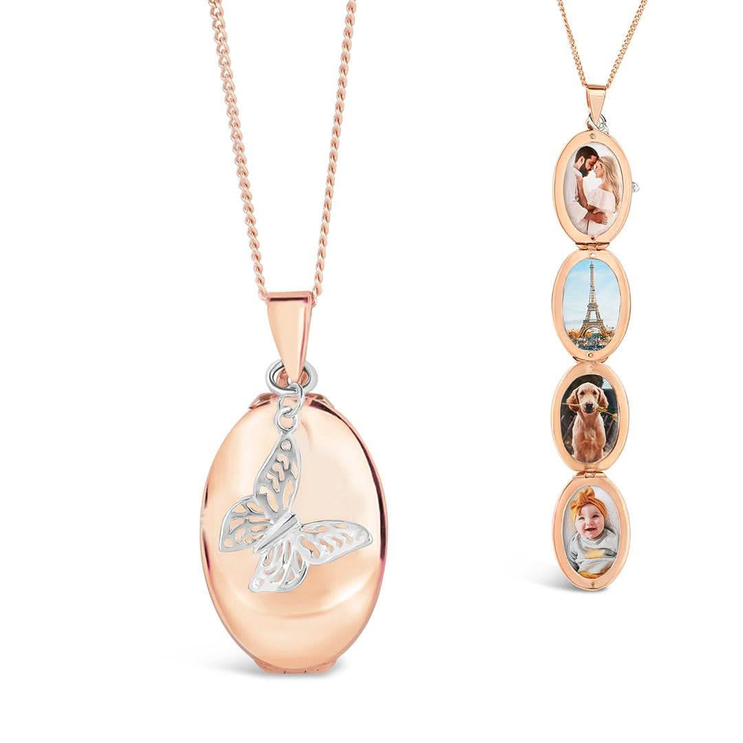 Rose Gold Four Photo Oval Butterfly Locket Necklace - Perfect for Valentine's Day, Anniversary & Mother's Day Gifts