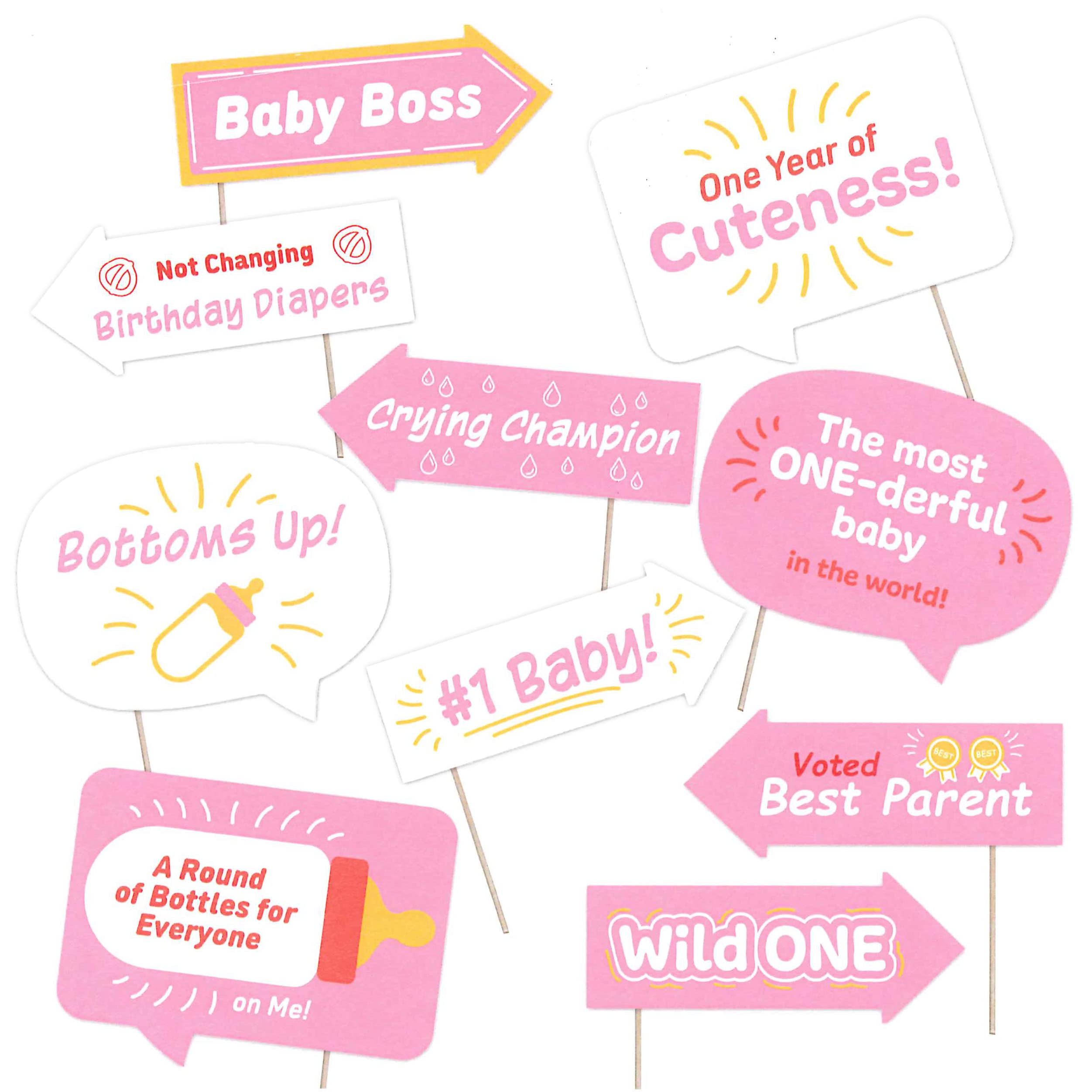 1st Birthday Photo Booth Props - Pink Baby Girl First Birthday Party Decorations - 10pcs Cute Selfie Sticks for Photography - Perfect for Baby's Milestone Celebration & Instagram-Worthy Moments