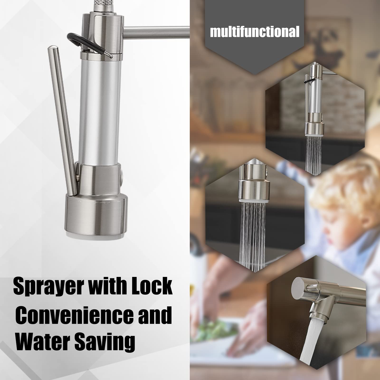 Brushed Nickel Single Handle Modern Kitchen Faucet with Pull Down Sprayer and Dual Spout - Commercial Grade Spring Faucet for Sink with Deck Plate - Perfect for Home Kitchen, Restaurant, and Commercial Use