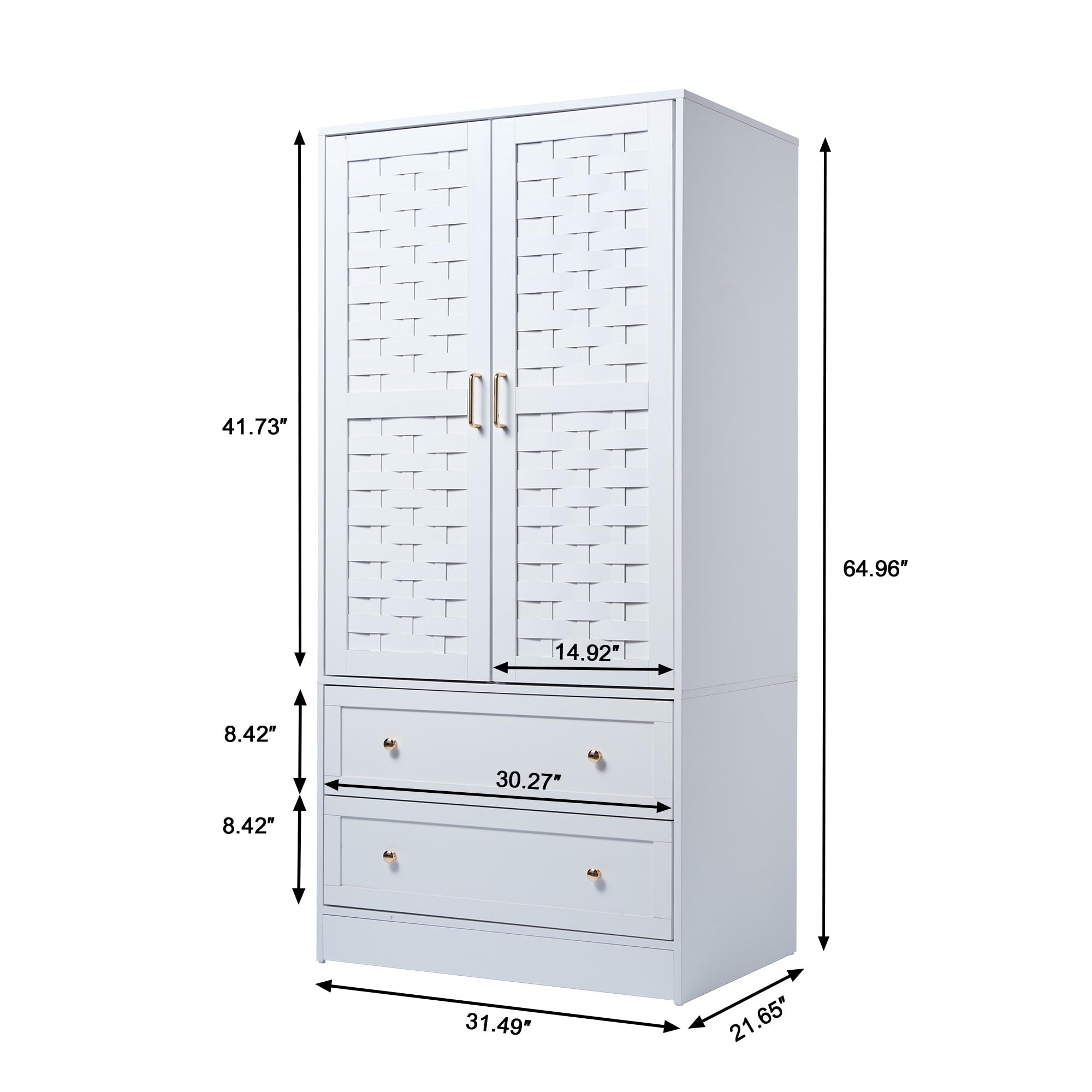 LEVNARY White Armoire Wardrobe Closet - Freestanding Storage Cabinet with 2 Woven Doors & 2 Drawers, Hanging Rail for Bedroom Organization (Perfect for Small Spaces, Apartments & Dorm Rooms)