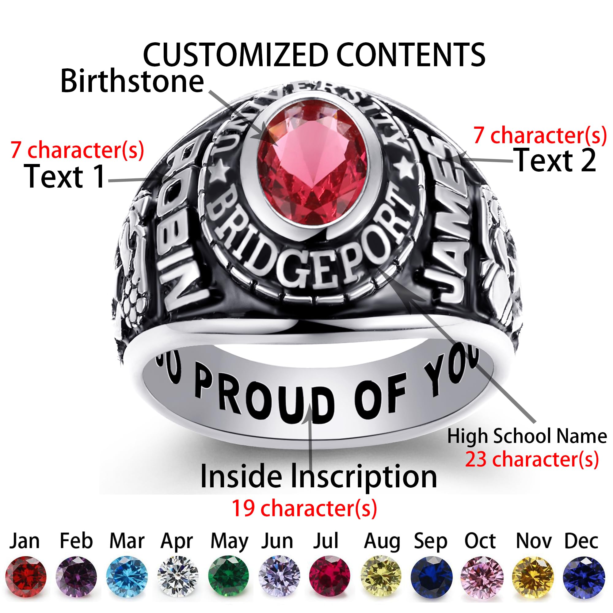 Personalized Custom Class Rings for Men & Women - 10KT Gold, Sterling Silver, Birthstone Options - High School Graduation Rings (Sizes 5-15) - Perfect for Commencement Gifts, Alumni Reunions & School Spirit Events