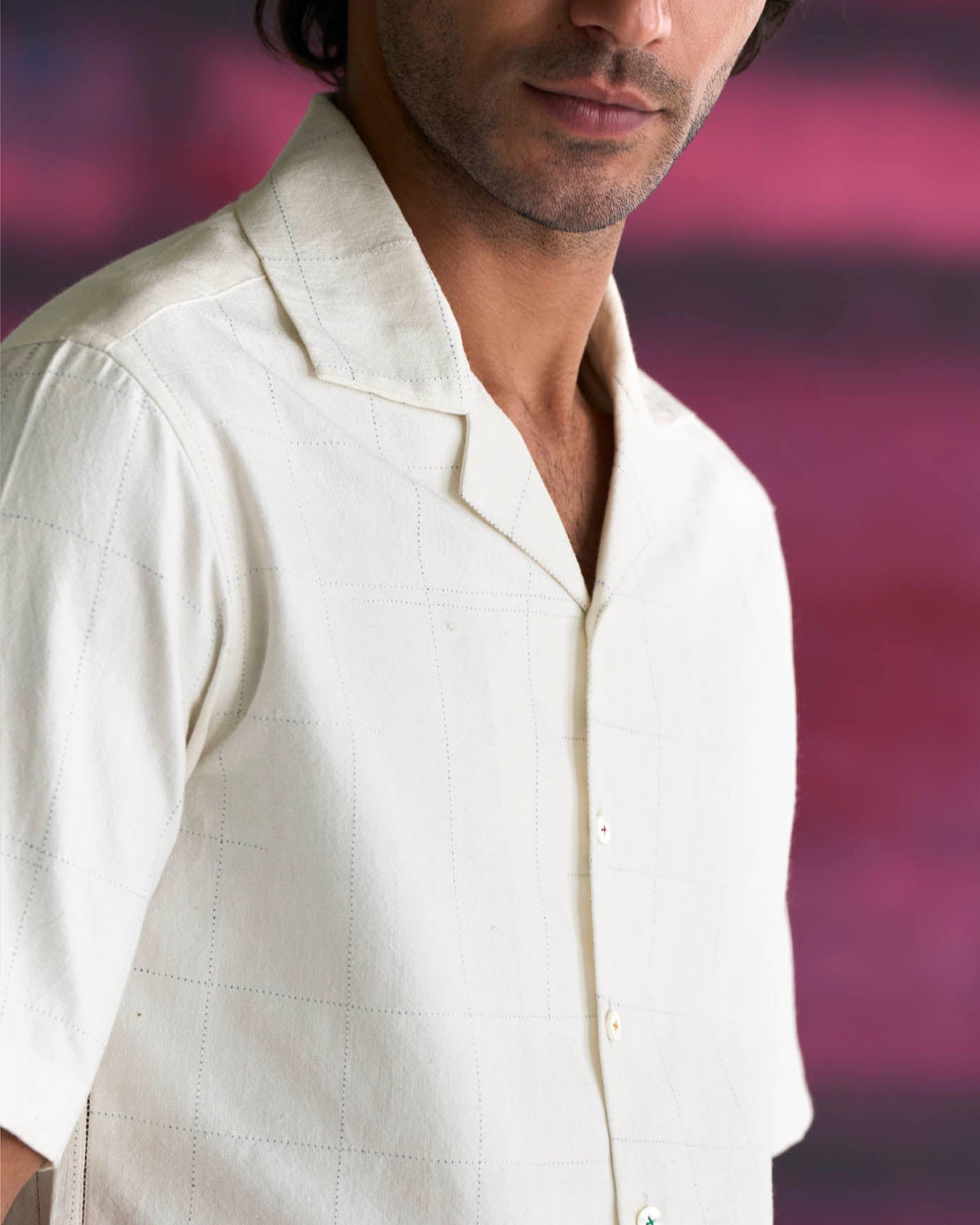 Men's Cotton Linen Bush Shirt - Classic White Checkered Button Down for Outdoor Adventure & Casual Wear