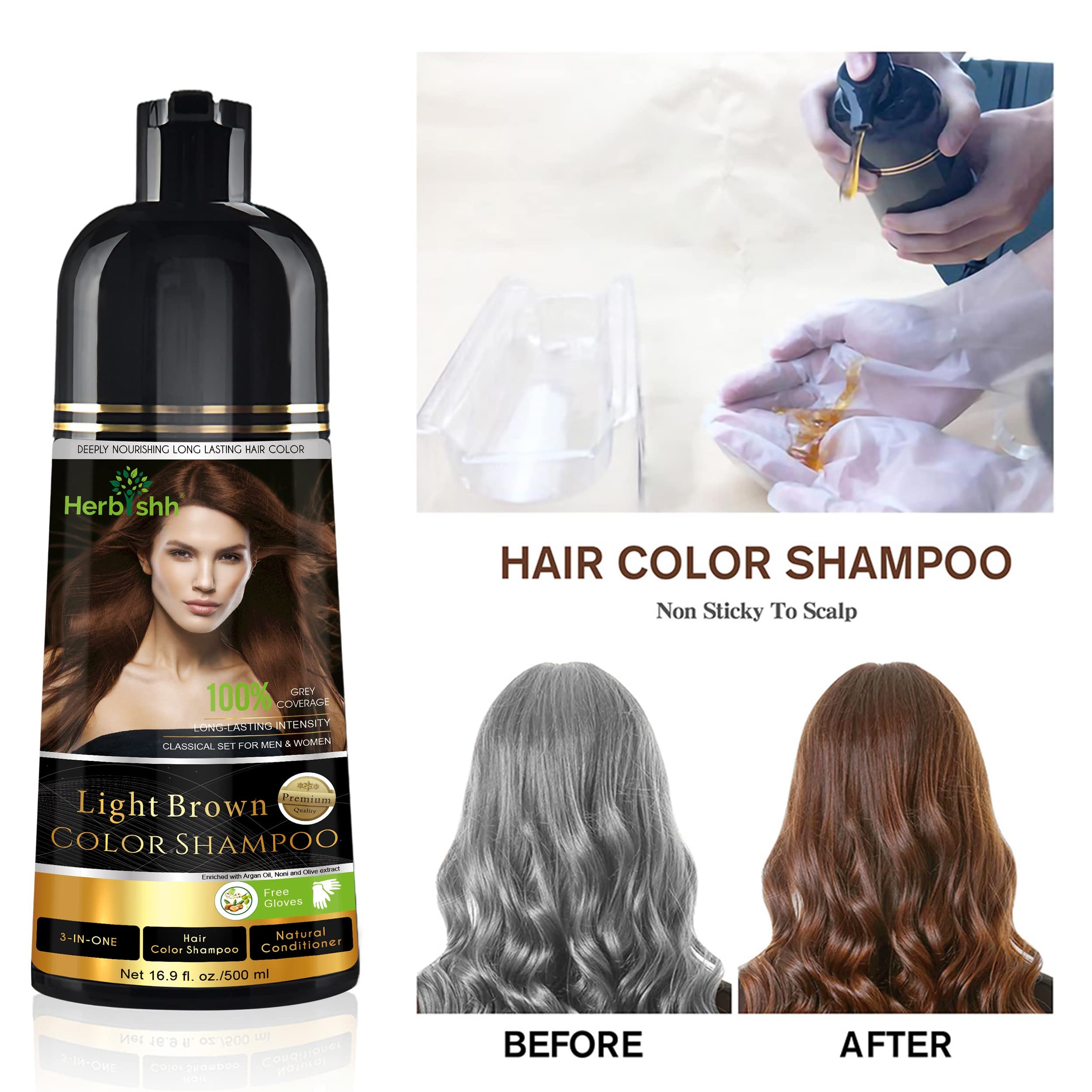 Herbishh Light Brown Hair Color Shampoo for Gray Coverage - 500ml with Gray Hair Color Cream | Natural-Looking Results for Home Use & Salon-Quality Touch-Ups