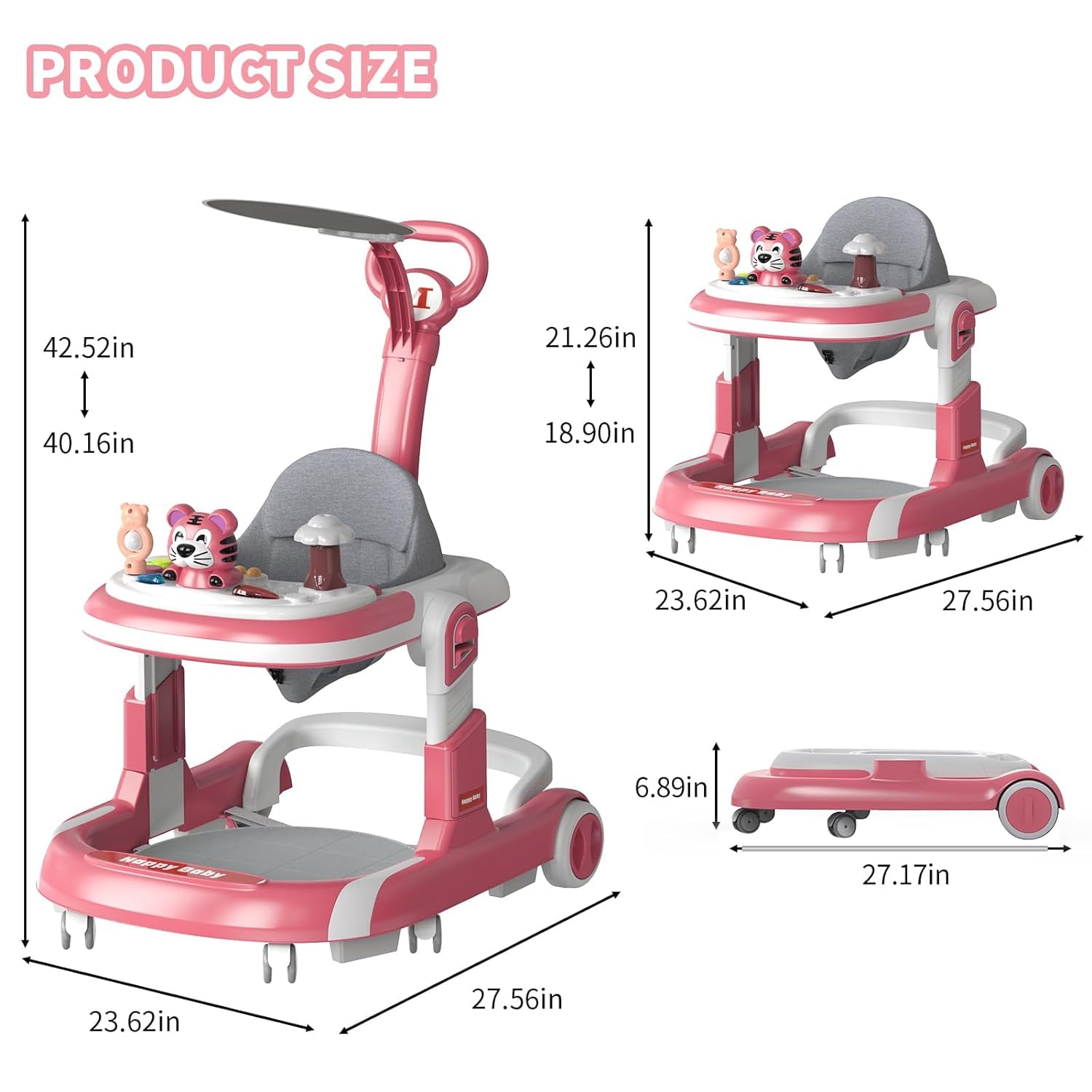 Premium Baby Walker with Wheels & Activity Center - Foldable Infant Toddler Walker for Boys & Girls 6-18 Months | Adjustable Height, Foot Pads & Toys | Perfect for Learning to Walk & Indoor Playtime (Pink)