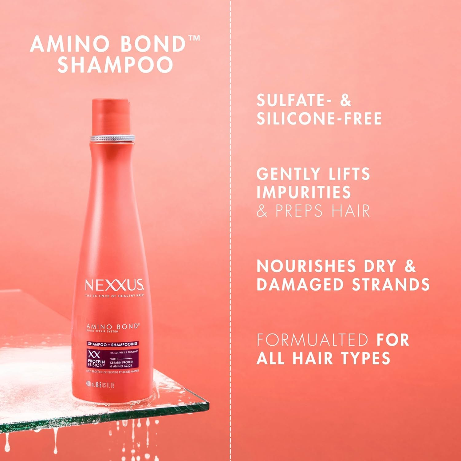 Nexxus Shampoo Amino Bond Repair - Keratin & Amino Acid Treatment for Damaged Hair - 13.5 oz (2 Pack) - Salon Quality Hair Care for Dry, Brittle & Color-Treated Hair - Perfect for Daily Use & Post-Chemical Treatment Recovery