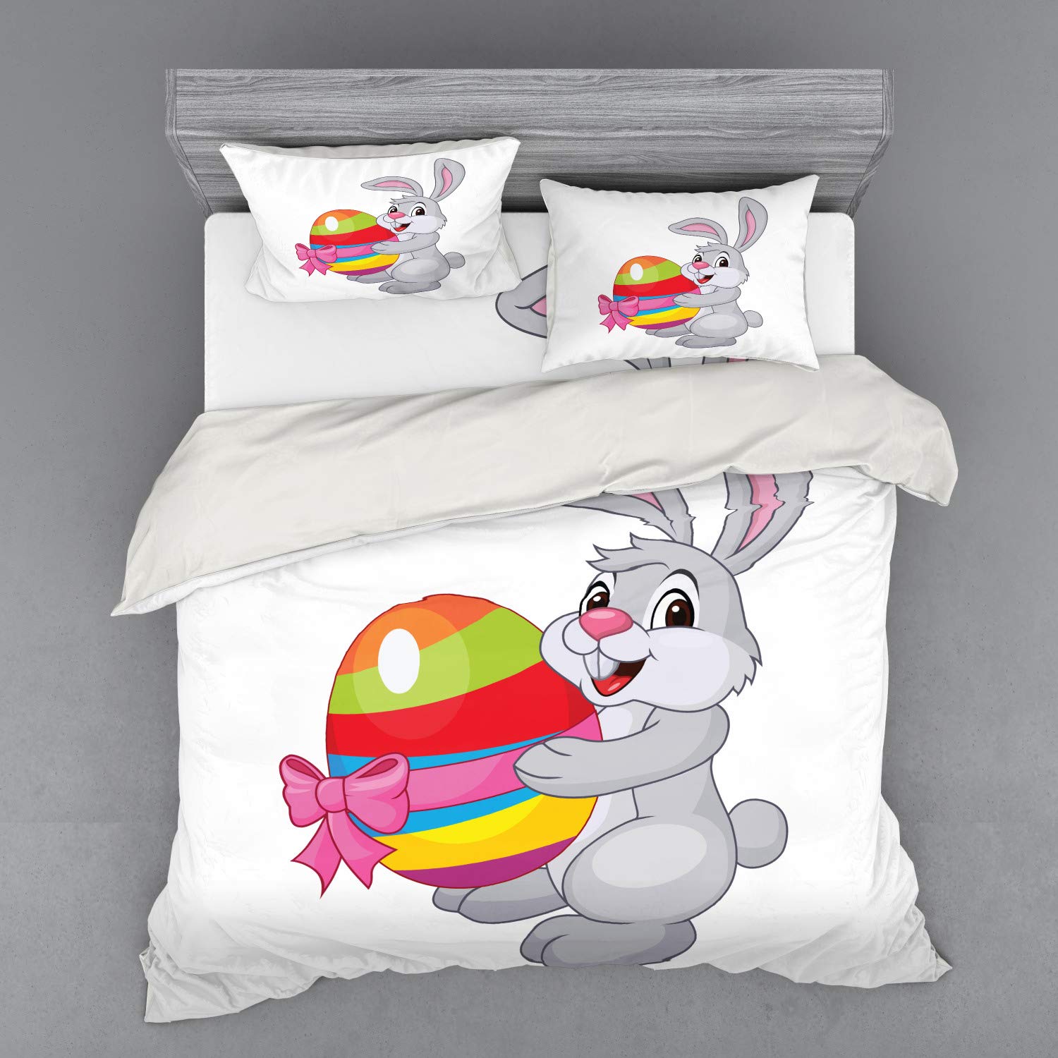 Ambesonne Easter Duvet Cover Set - Cartoon Rabbit with Colorful Striped Egg Design, 4-Piece King Size Bedding Set with Shams & Fitted Sheet, Multicolor - Perfect for Easter Decor, Spring Bedroom Refresh, and Holiday Gift Giving