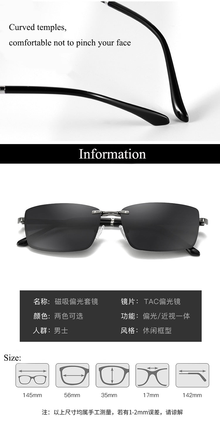Bclear Men's Semi-Rimless Rectangle Alloy Eyeglasses with Clip-On Polarized Sunglasses - Lightweight Metal Frame Glasses for Men - ZT9338 (Perfect for Driving, Outdoor Activities & Everyday Wear)