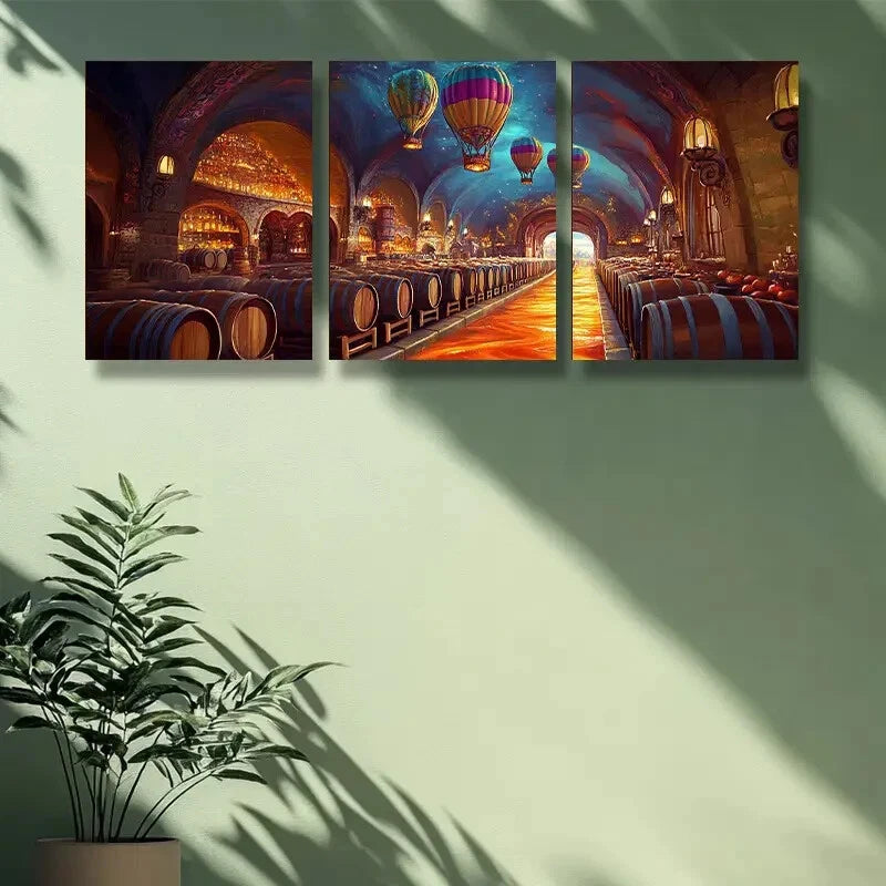 3-Piece Vibrant Wine Cellar Metal Wall Art with Hot Air Balloon Design - Ready to Hang Home Decor for Dining Room, Kitchen or Bar