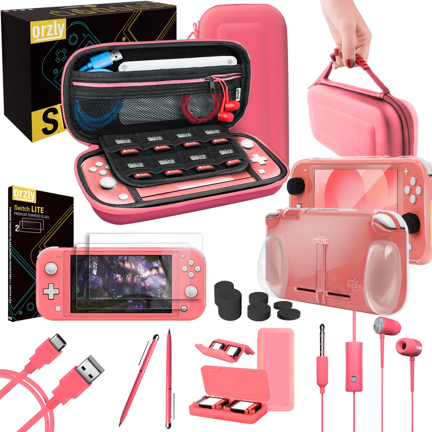Orzly Nintendo Switch Lite Accessories Kit - Includes: Protective Case, Screen Protector, Grip Cover, USB Cable, Headphones & More [Coral] - Perfect for Gaming On-The-Go & Travel Protection