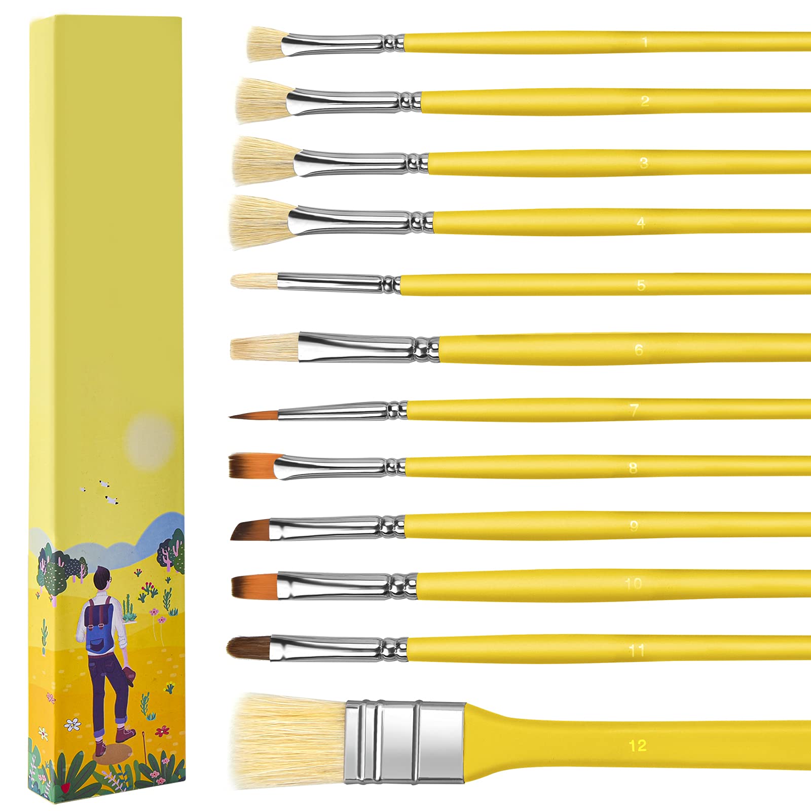 Premium 12-Piece Artist Paint Brush Set - 100% Natural Hog Bristle Long Handle Brushes for Oil, Acrylic, Watercolor & Gouache Painting - Ideal for Professional Artists & Beginners (Yellow)