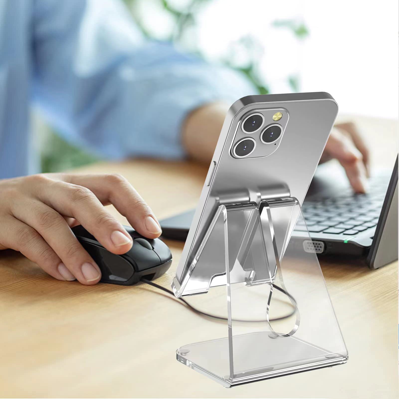 2 Pack Clear Acrylic Phone Stand for Desk - Universal Phone Holder Compatible with iPhone 13 Pro Max & Android Smartphones 4-10 Inches - Perfect Office & Home Desktop Accessory for Watching Videos & Video Calls