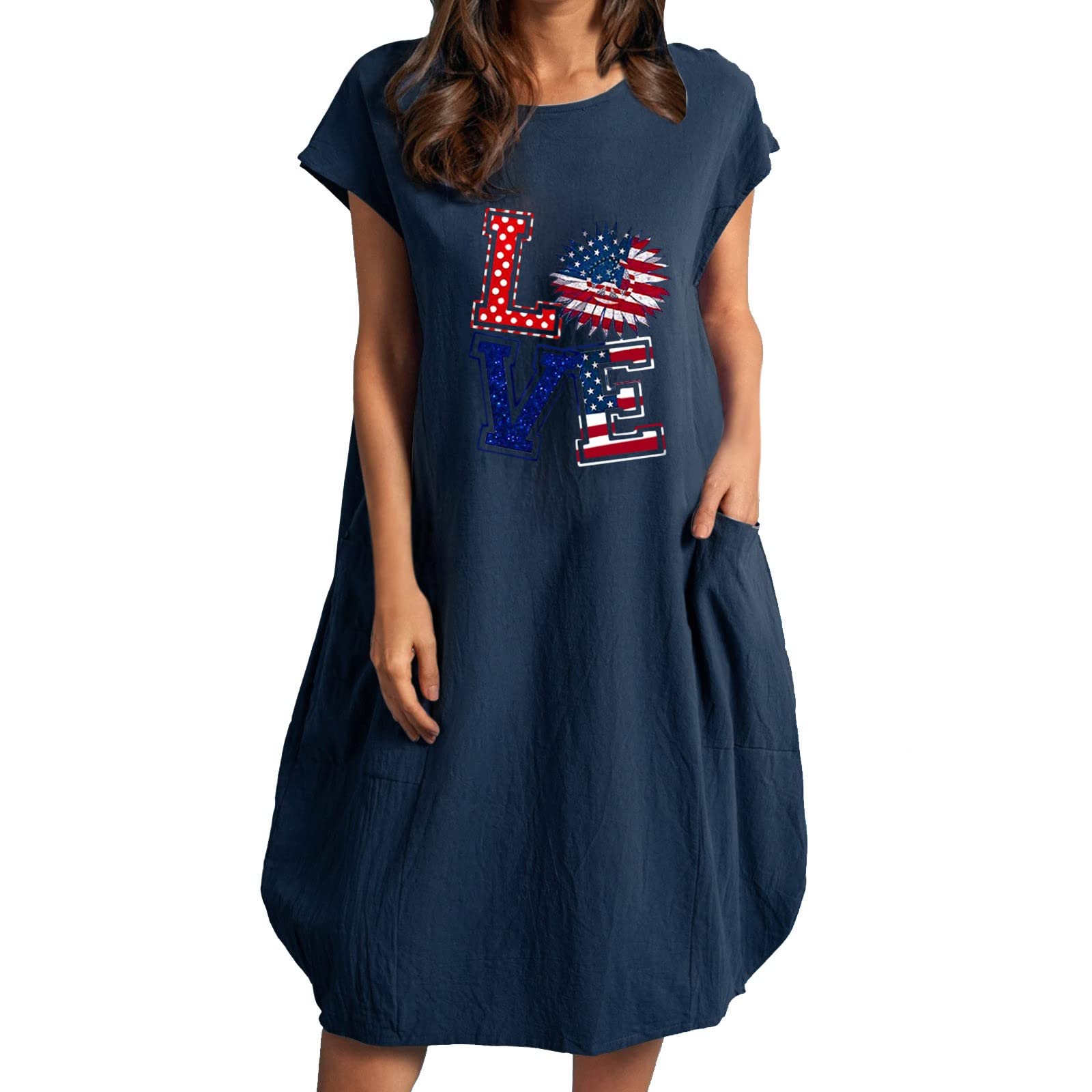 2022 Trendy Women's Summer Dresses - American Flag Striped Printed Loose Short Sleeve Casual Dress | Perfect for Beach Vacations, Picnics & 4th of July Celebrations