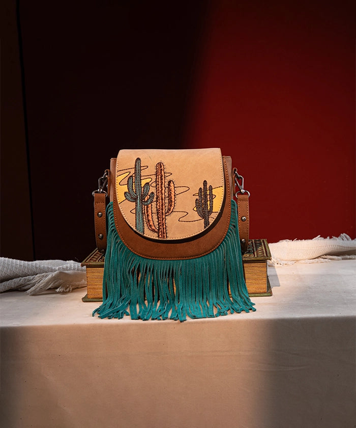 Montana West Cactus Embroidered Fringe Crossbody Bag for Women - Stylish Western Purse with Adjustable Strap - Perfect for Casual Outings, Music Festivals & Travel