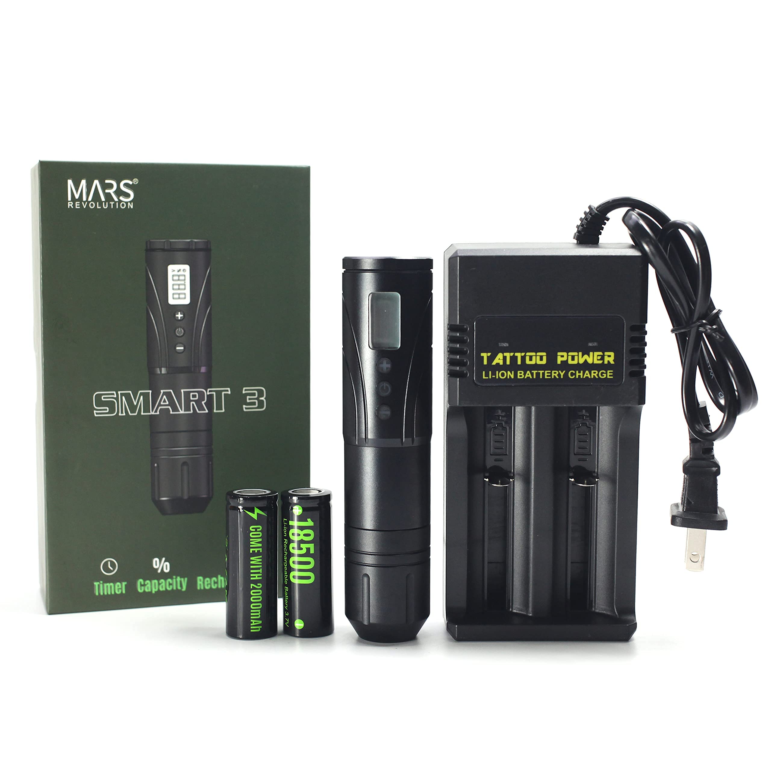 MARS Revolution Smart 3 Wireless Rotary Tattoo Machine with 2x 2000mAh Batteries, Charger & Variable Voltage - Professional Tattoo Gun for Artists (Black) - Perfect for Tattoo Studios, Home Use & Professional Tattooing