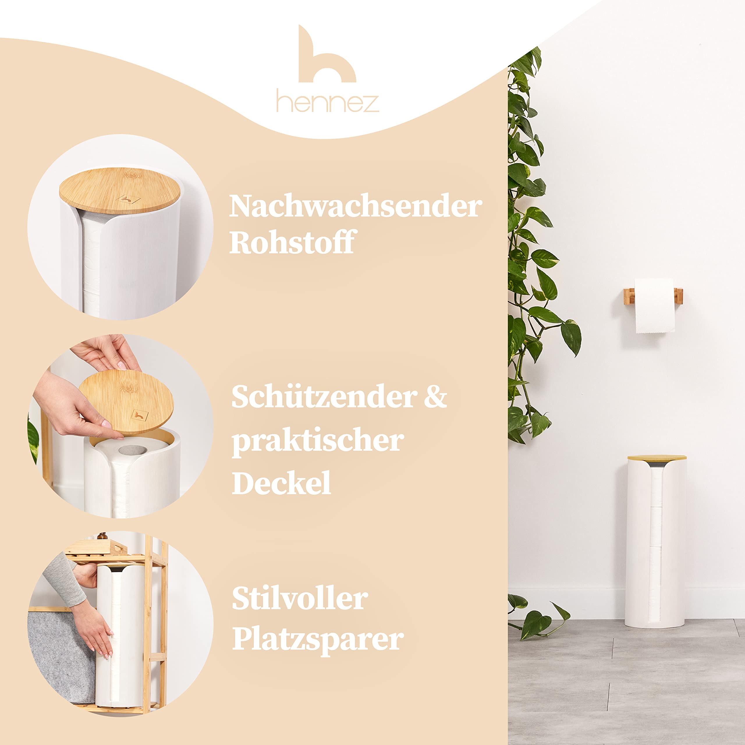 Hennez Bamboo Toilet Paper Holder with Lid - 4 Roll Storage Organizer - Natural Wood Bathroom Tissue Dispenser | Perfect for Bathroom, Vanity, and RV Organization