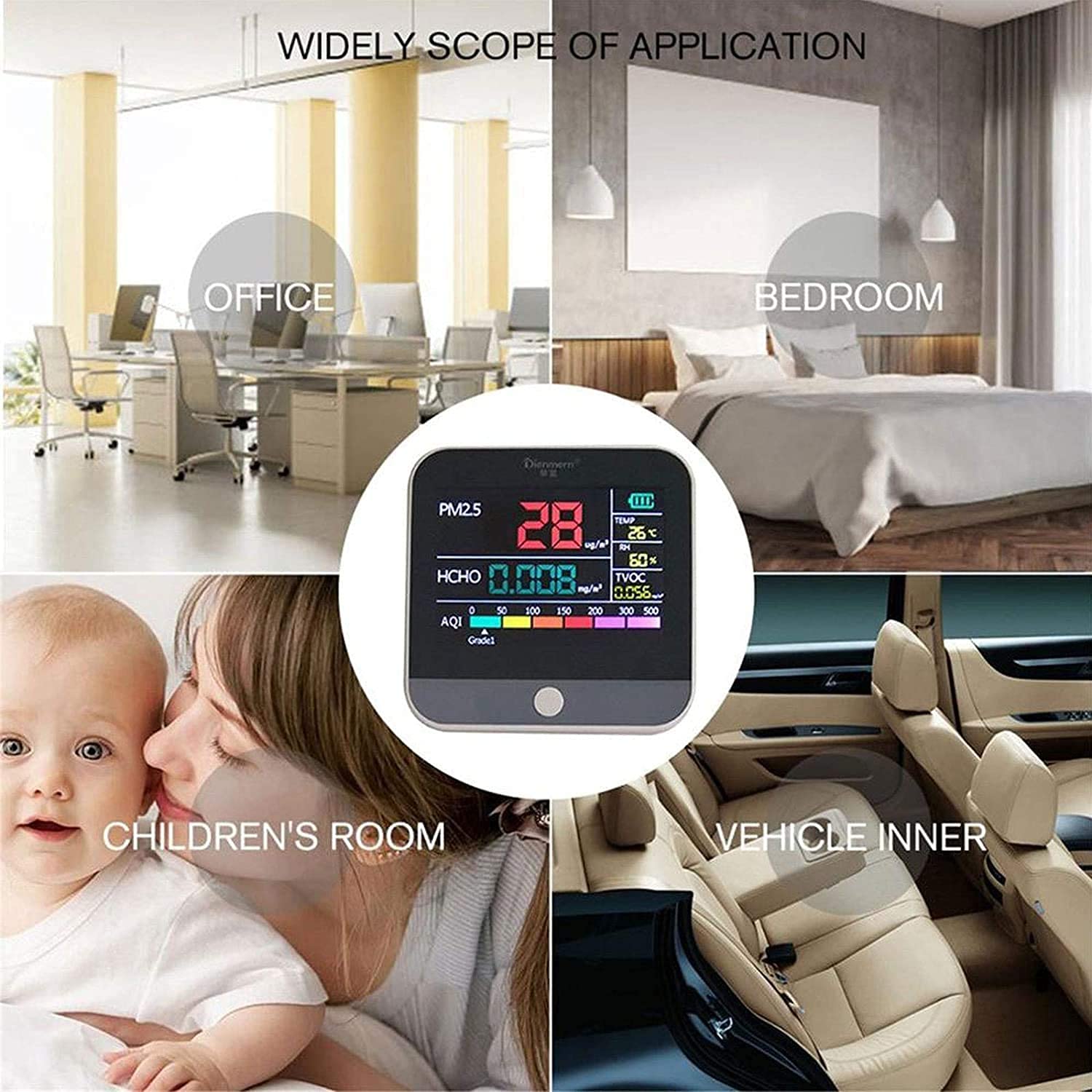 Air Quality Monitor - PM2.5, TVOC & Formaldehyde Detector with Gas Sensor for Indoor Air Testing | Home, Office & Baby Room Safety