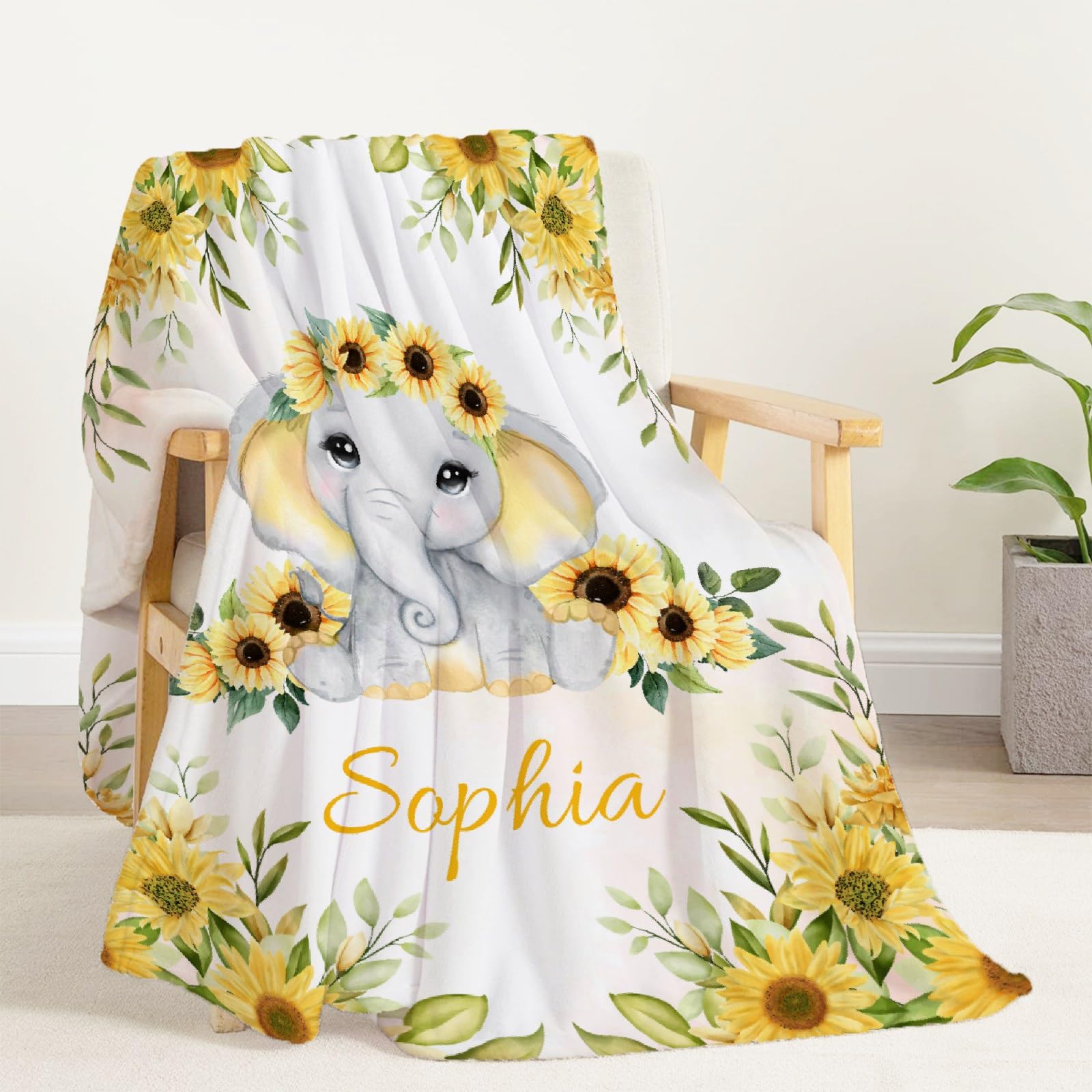 Personalized Baby Blanket with Name - Custom Sunflower Elephant Fleece Throw for Boys & Girls - Soft Cozy Plush Quilt for Nursery, Crib & Family Gifts - Perfect for Baby Showers, Birthdays & Newborn Photos