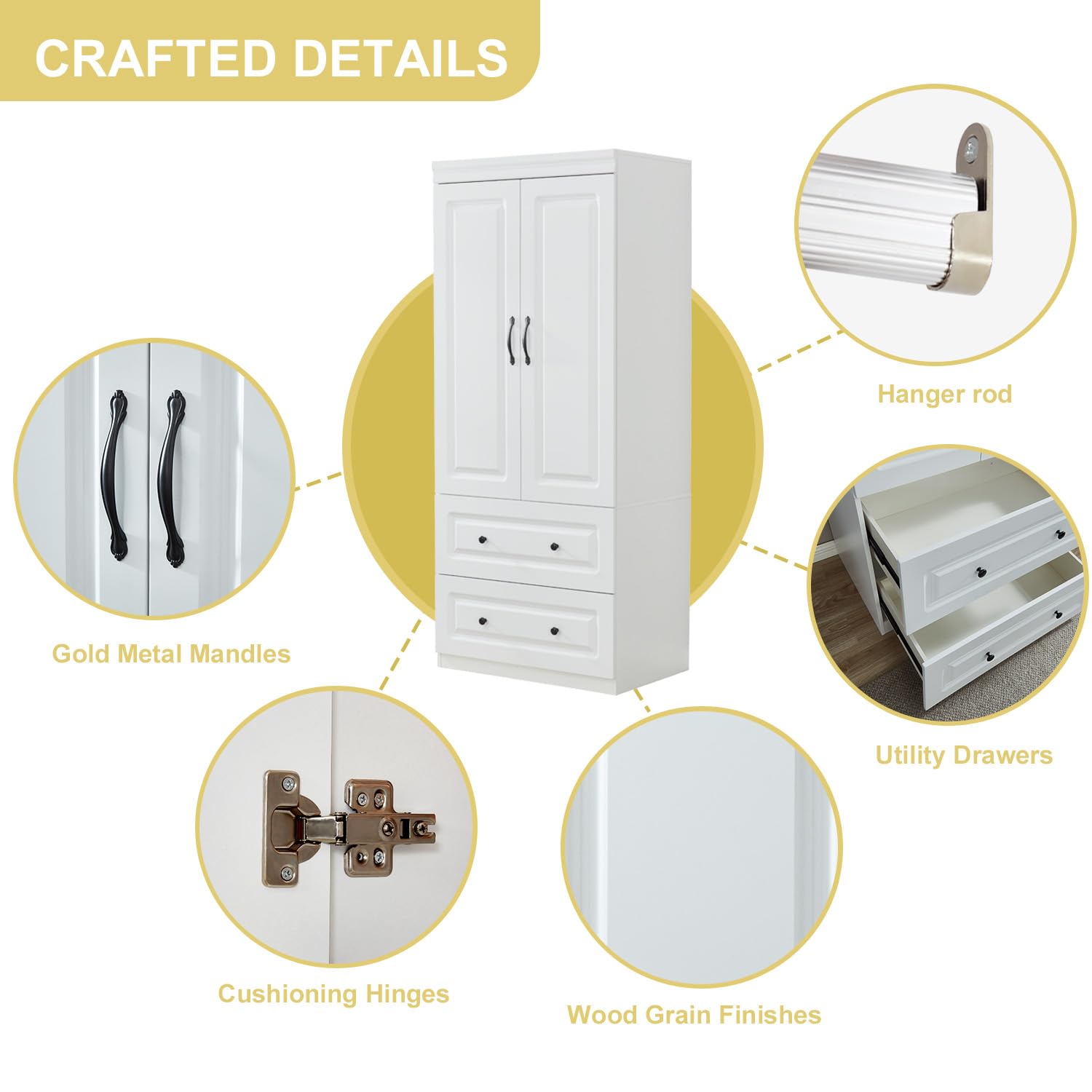 White Wooden Wardrobe Closet with Hanging Rod - 3 Doors, 2 Drawers & High Storage Capacity | Freestanding Closet Organizer for Bedroom, Guest Room or Dormitory